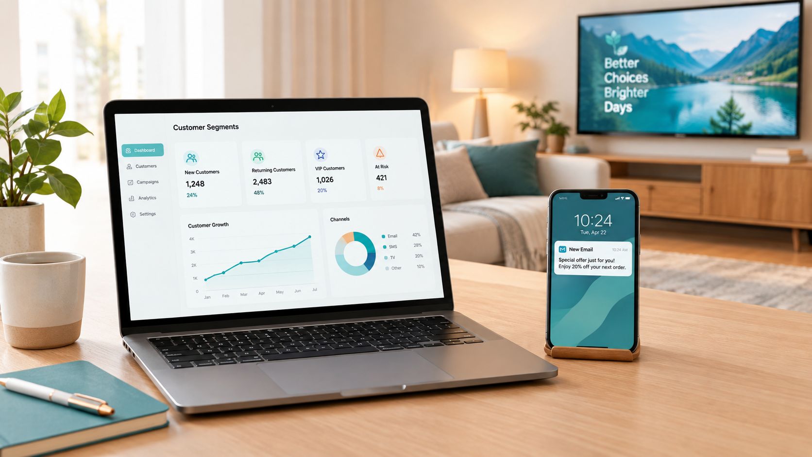 A modern workspace with a laptop displaying customer segmentation analytics and a smartphone showing a marketing notification.