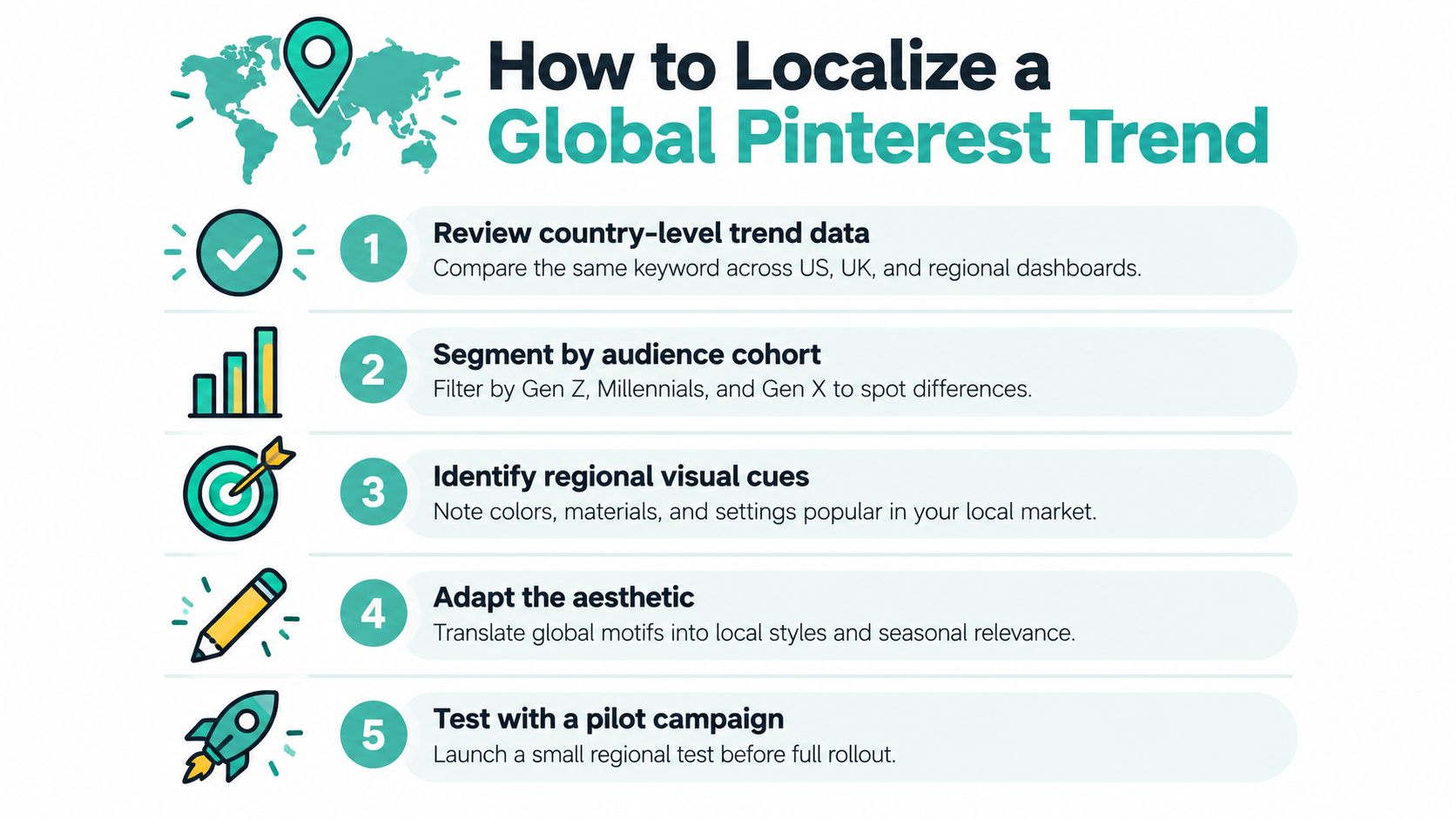 An infographic titled How to Localize a Global Pinterest Trend, illustrating five steps to refine marketing strategies.
