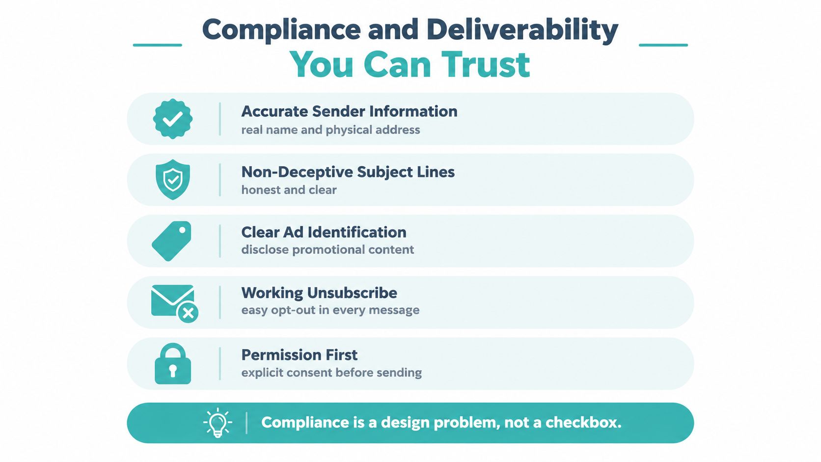 A graphic listing five key trust factors for email compliance and deliverability with an inspirational bottom caption.