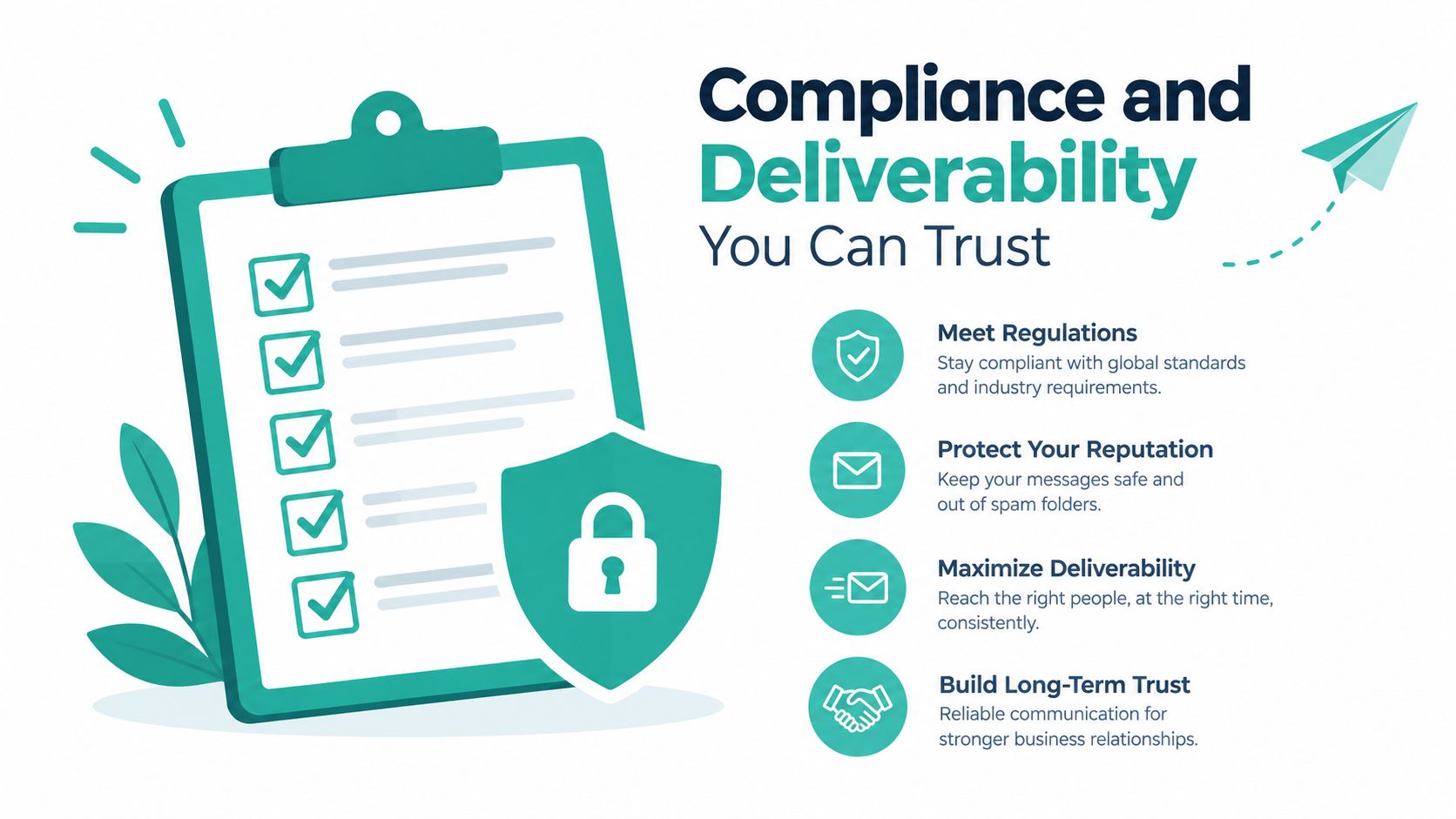 A checklist clipboard with a security shield icon representing compliance and deliverability for secure business communication.