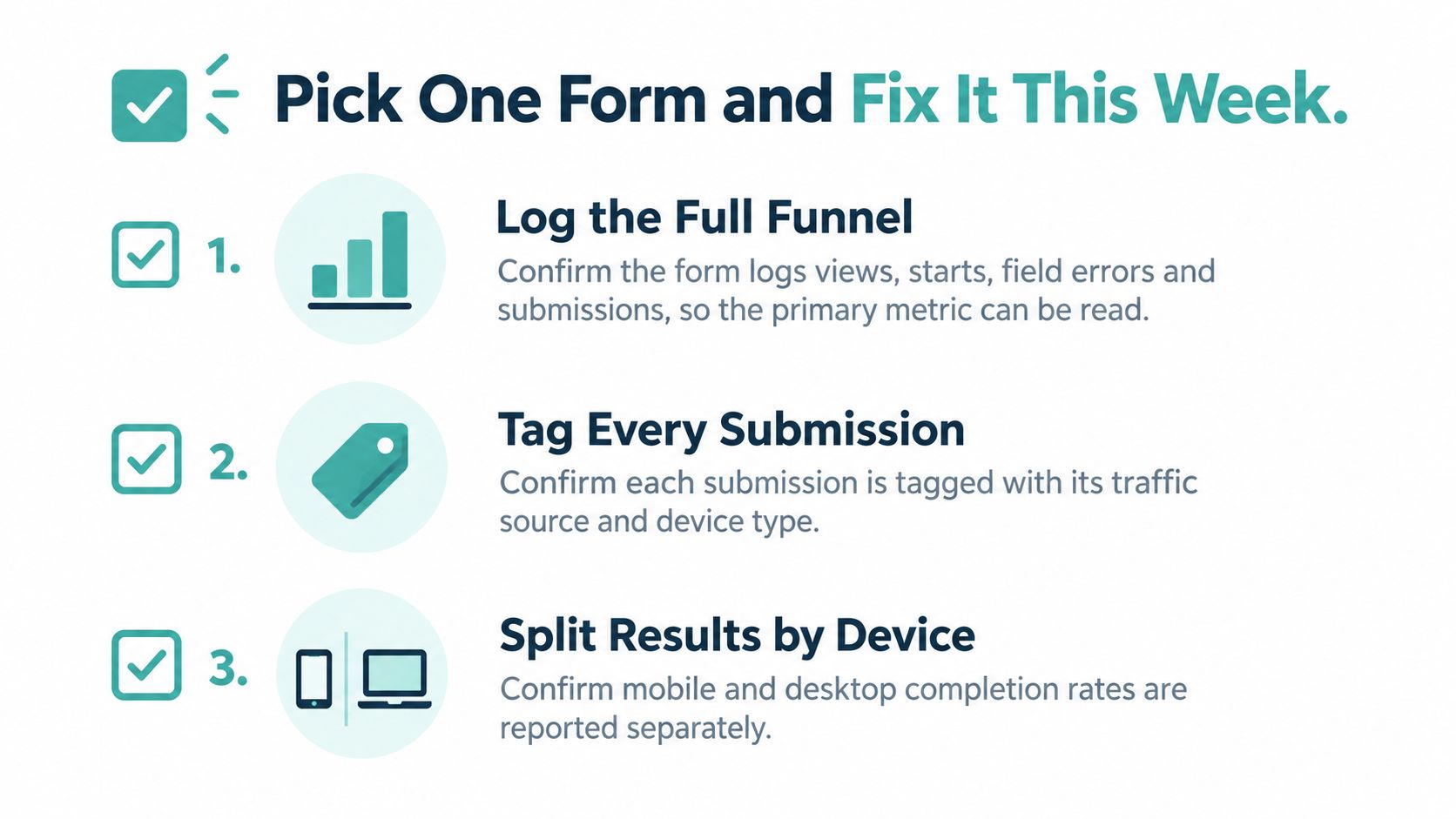 A checklist infographic titled Pick One Form and Fix It This Week, illustrating three steps for form tracking.