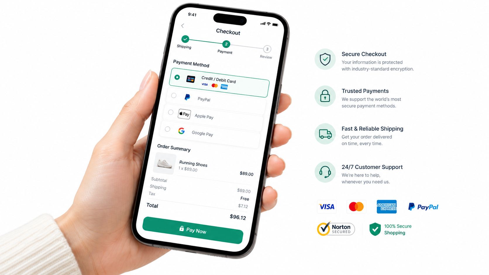 A hand holding a smartphone showing a mobile checkout screen with payment options and order summary details.