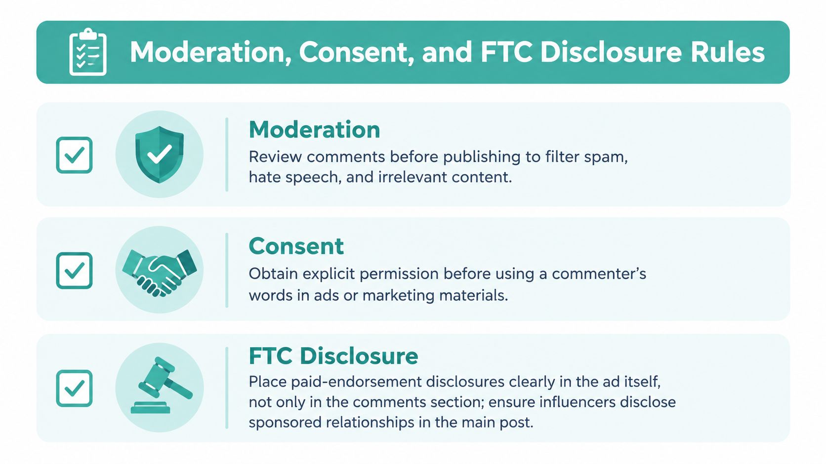 A graphic outlining rules for comment moderation, obtaining user consent, and following FTC endorsement disclosure guidelines.