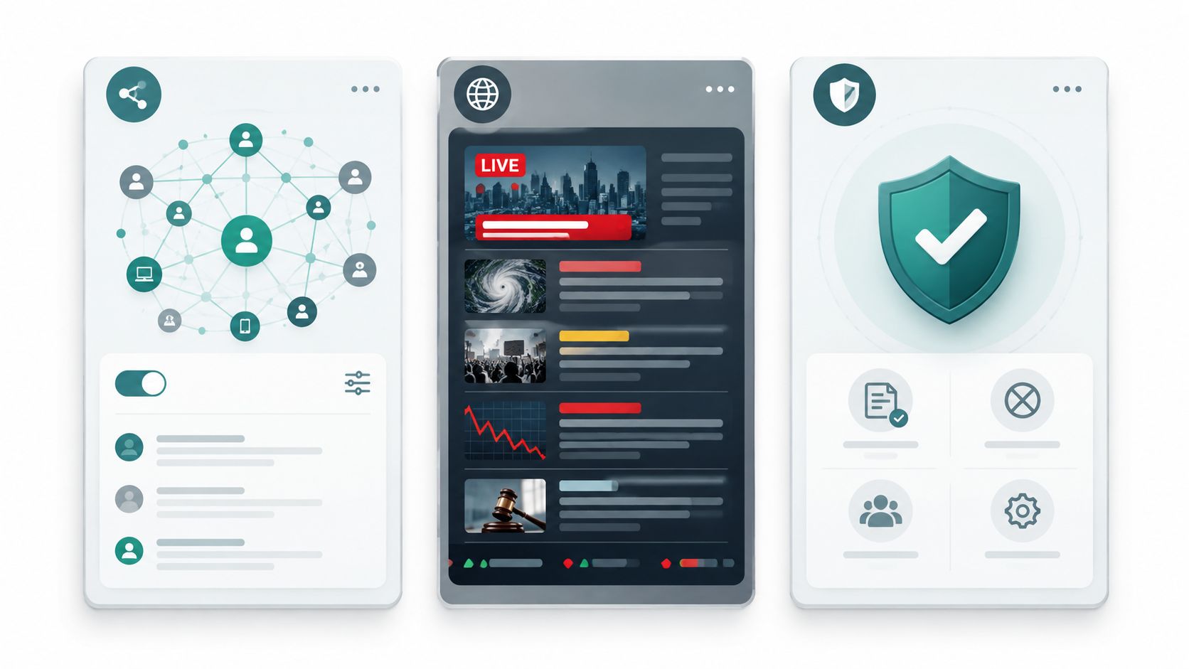 Three mobile app interface panels displaying network connectivity, a live news feed, and account security settings.