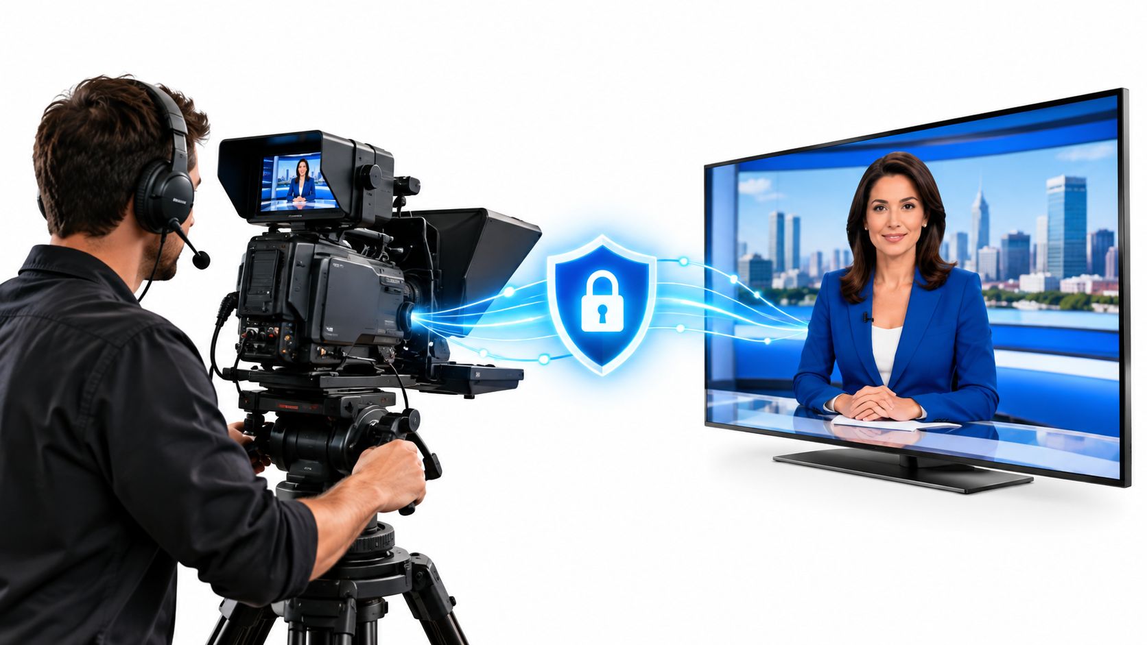 A videographer filming a news anchor on a screen with a digital security shield icon between them.