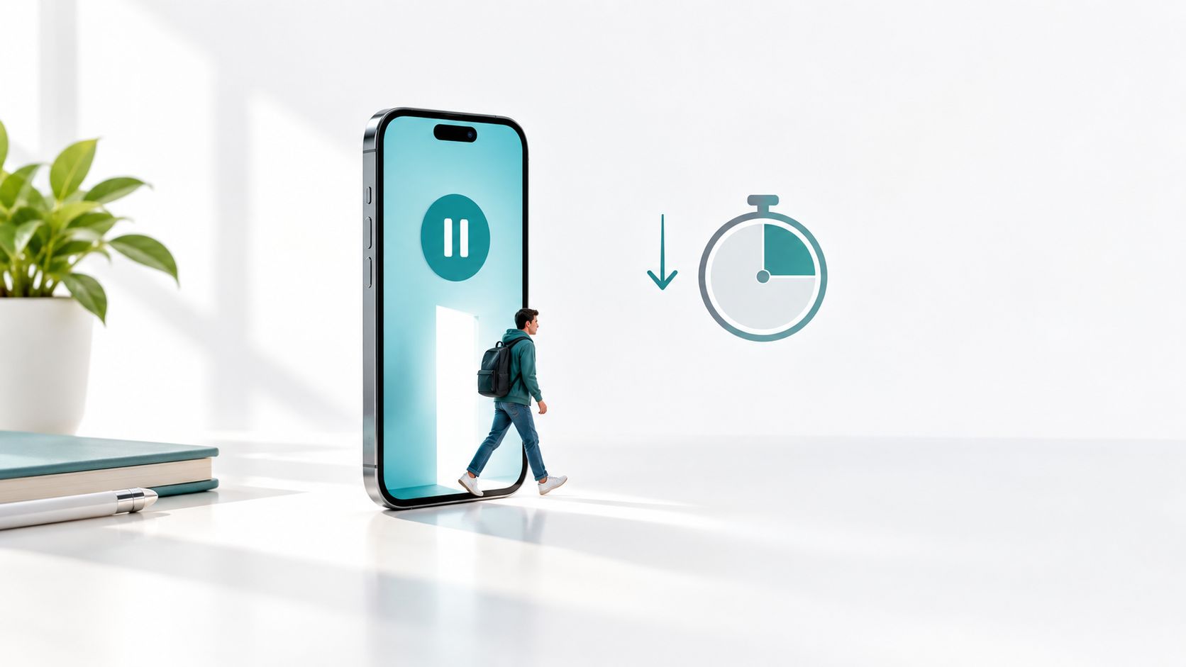 A student walking out of a smartphone screen with a pause button and a timer icon beside.