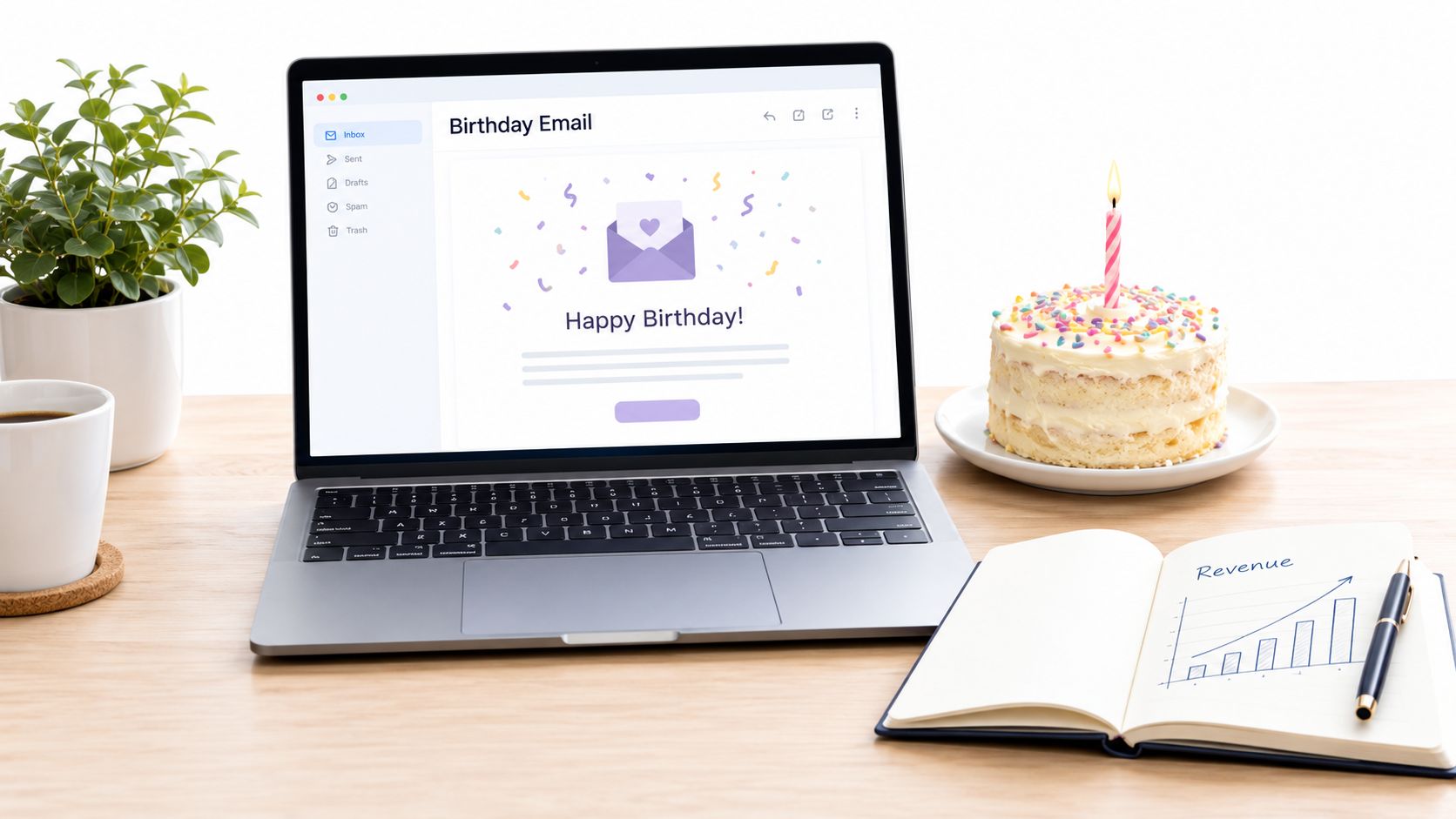 A modern workspace featuring a laptop displaying a birthday email, a small cake, and a revenue chart.