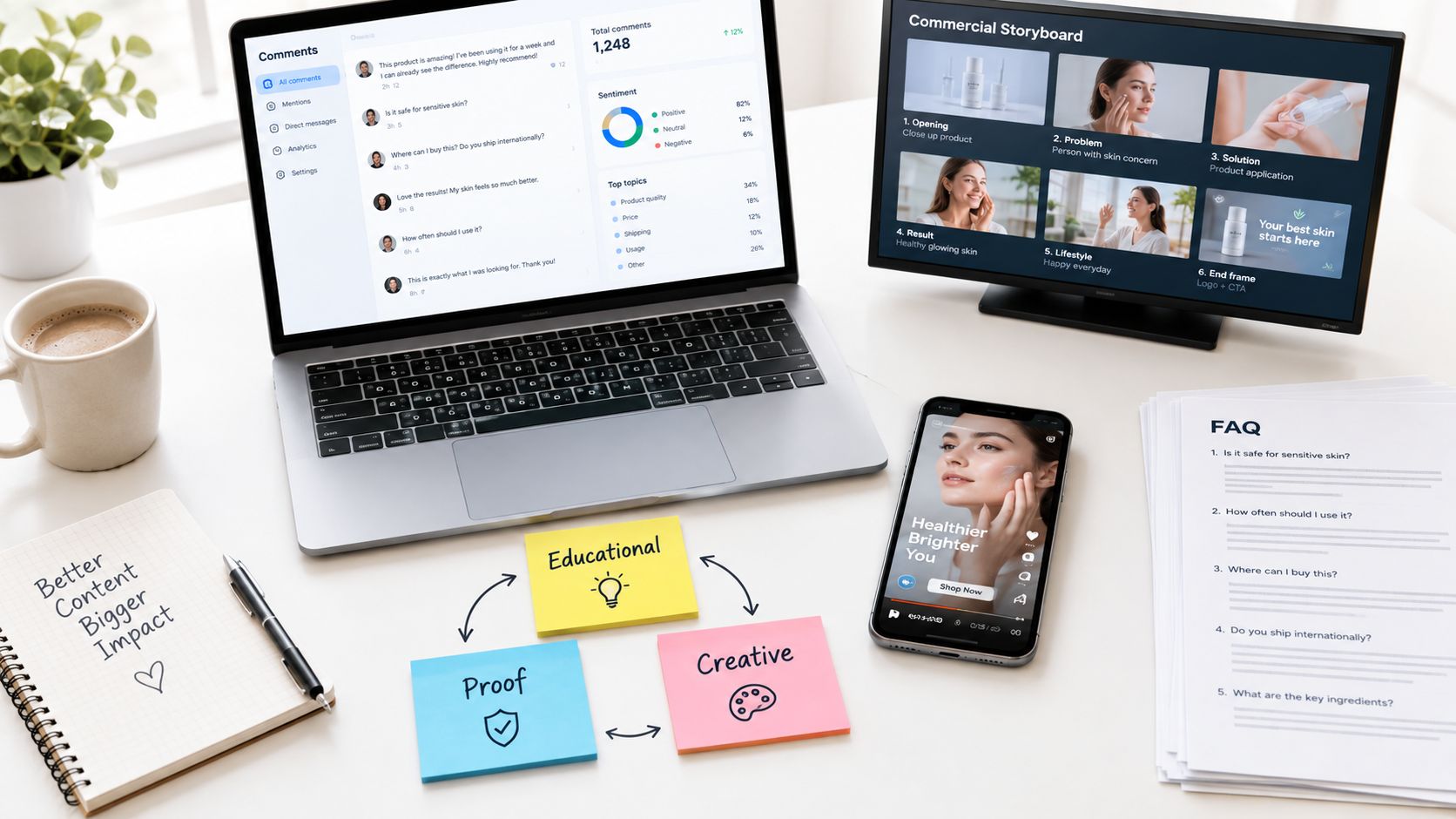 A workspace featuring a laptop, monitor, phone, and sticky notes displaying a digital content marketing strategy.