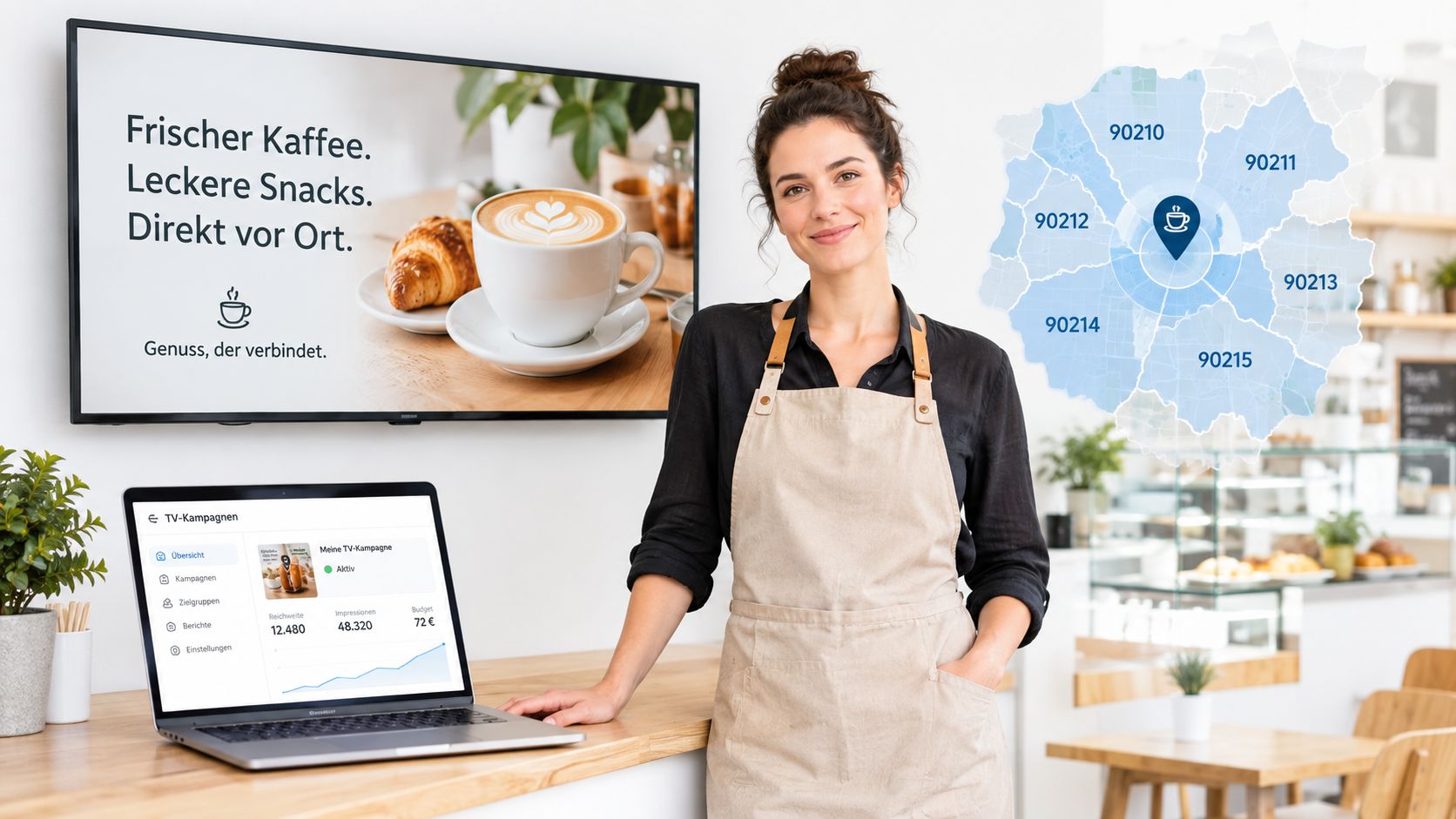 A woman in a café using a laptop to manage a digital marketing campaign on a large display screen.