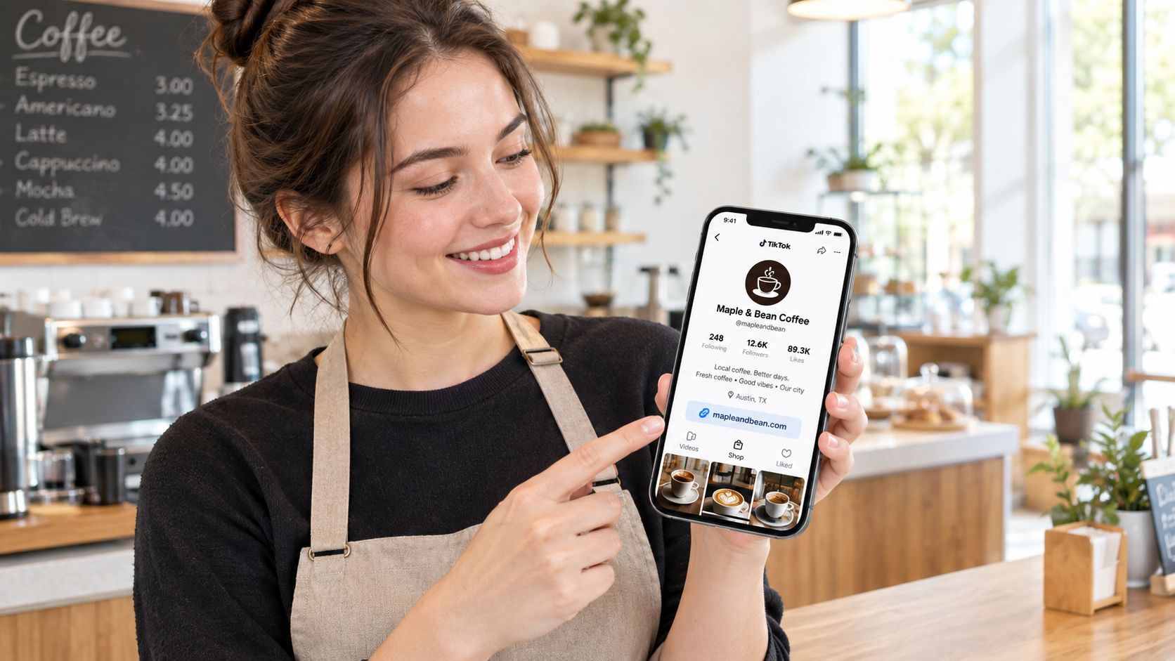 A barista holding a smartphone showing a TikTok profile for Maple and Bean Coffee shop in Austin.