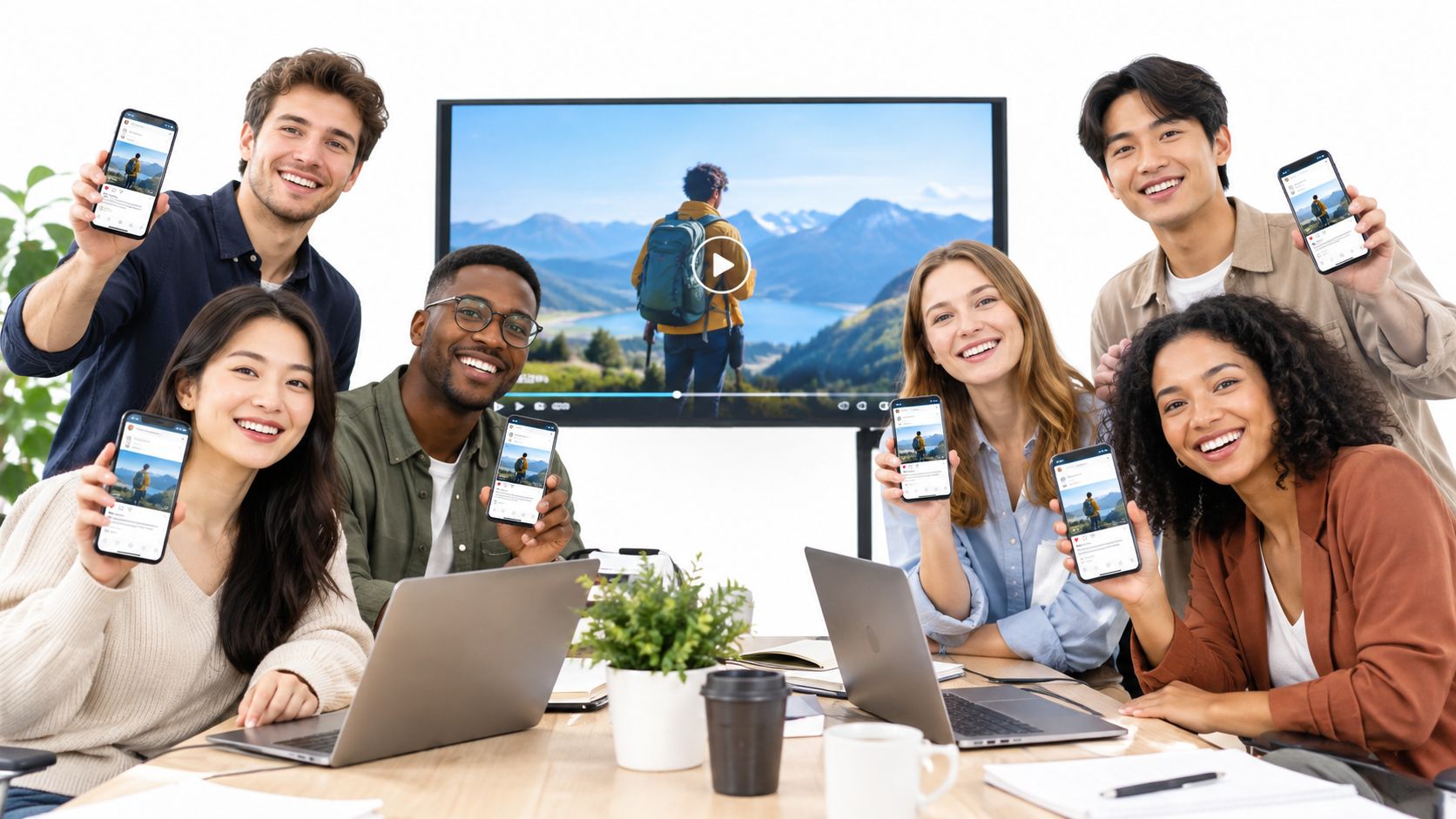 A diverse group of smiling employees holding smartphones while collaborating in a modern office workspace.