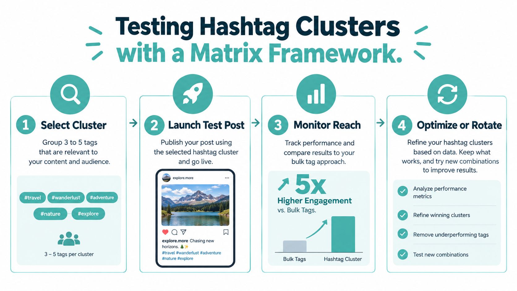 A four-step infographic illustrating a strategic hashtag cluster framework for improving social media post engagement.