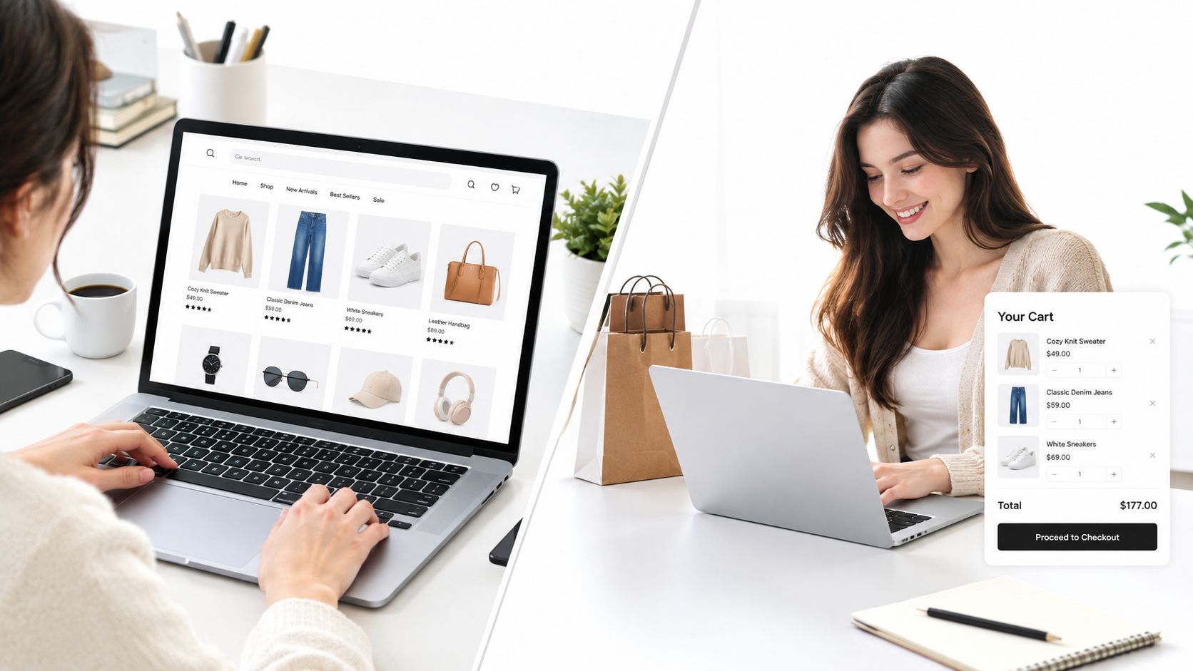 A woman shopping online on a laptop showing product pages and a shopping cart checkout interface.