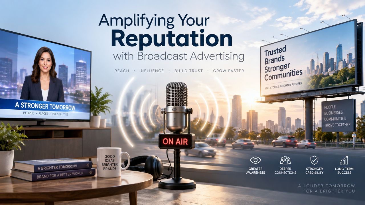 A marketing concept illustration showing television and broadcast advertising tools used to build brand reputation and awareness.