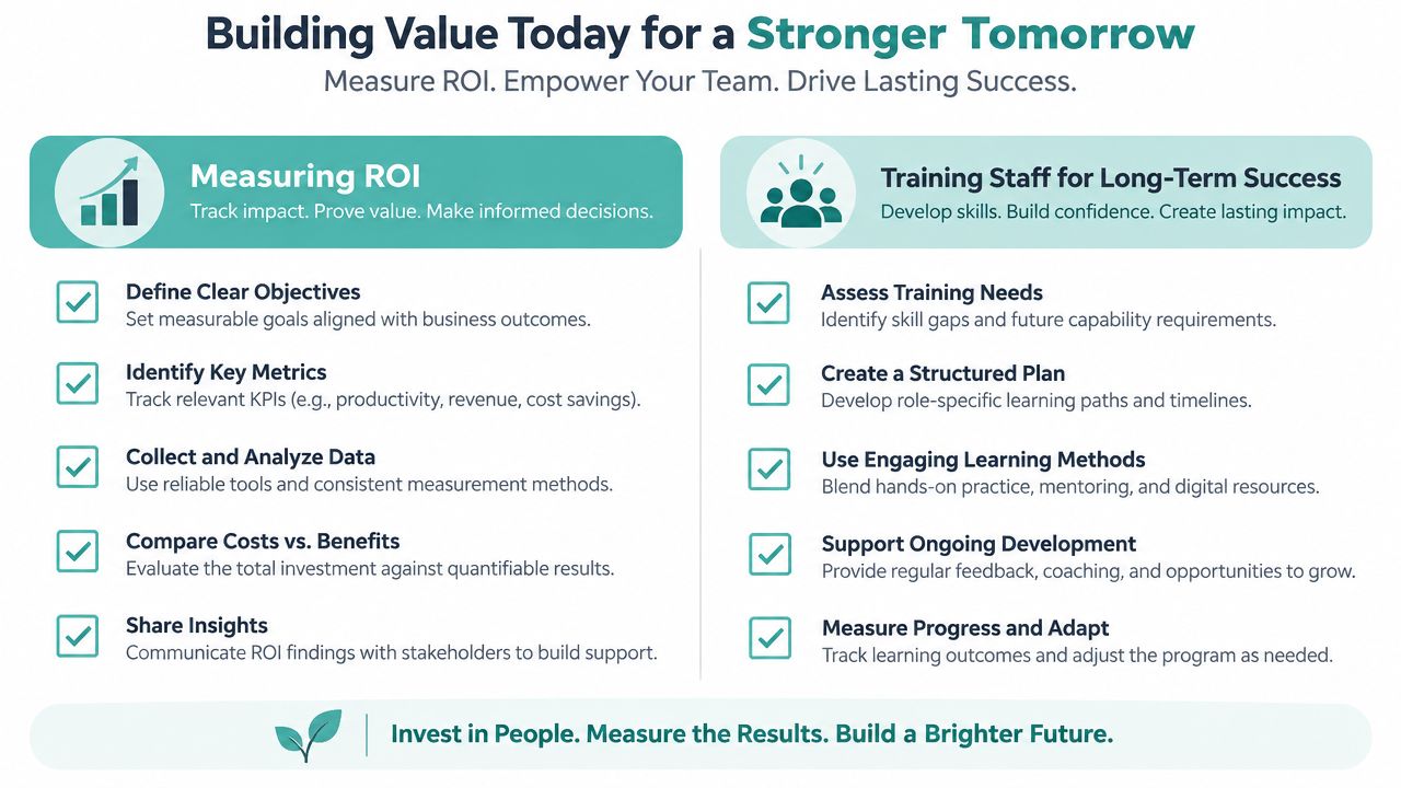 A professional infographic outlining steps for measuring ROI and training staff to build long-term business success.