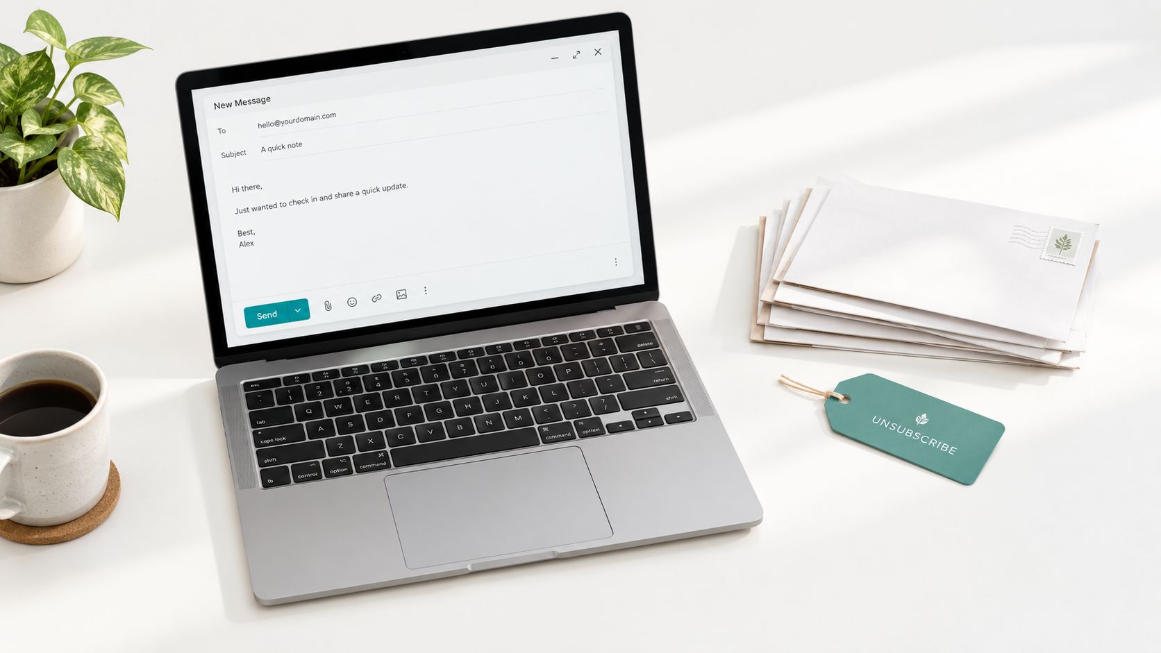 A laptop displaying an email composition window next to a stack of envelopes and an unsubscribe tag.
