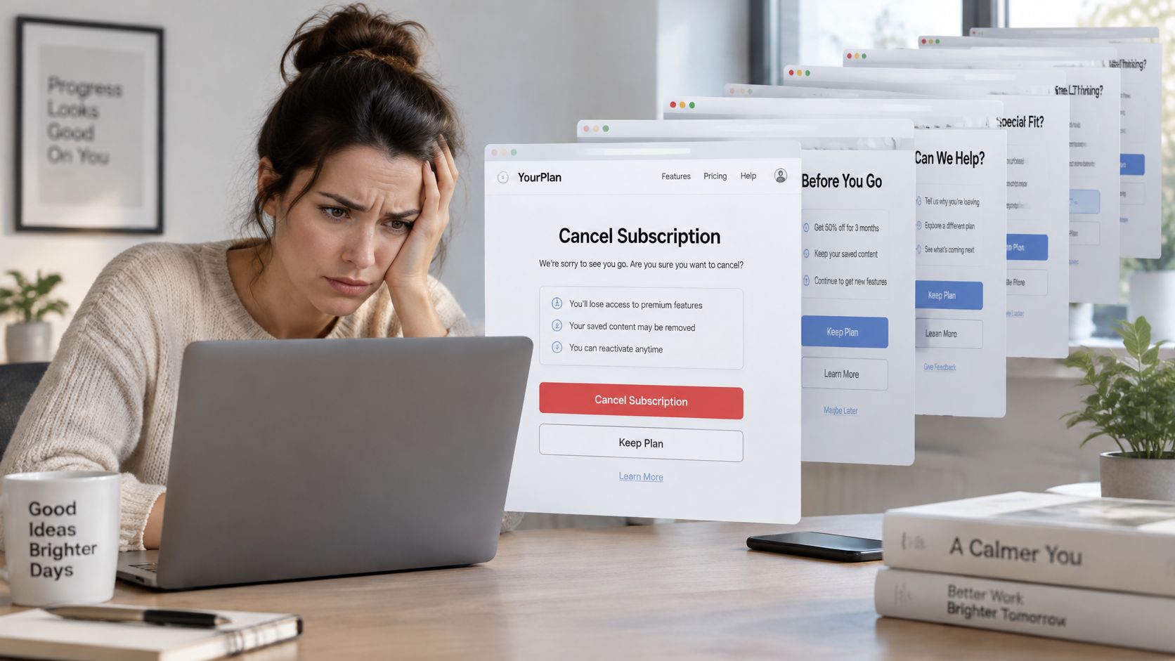 A woman looks frustrated while facing a cascade of persistent subscription cancellation pop-up windows on her laptop.