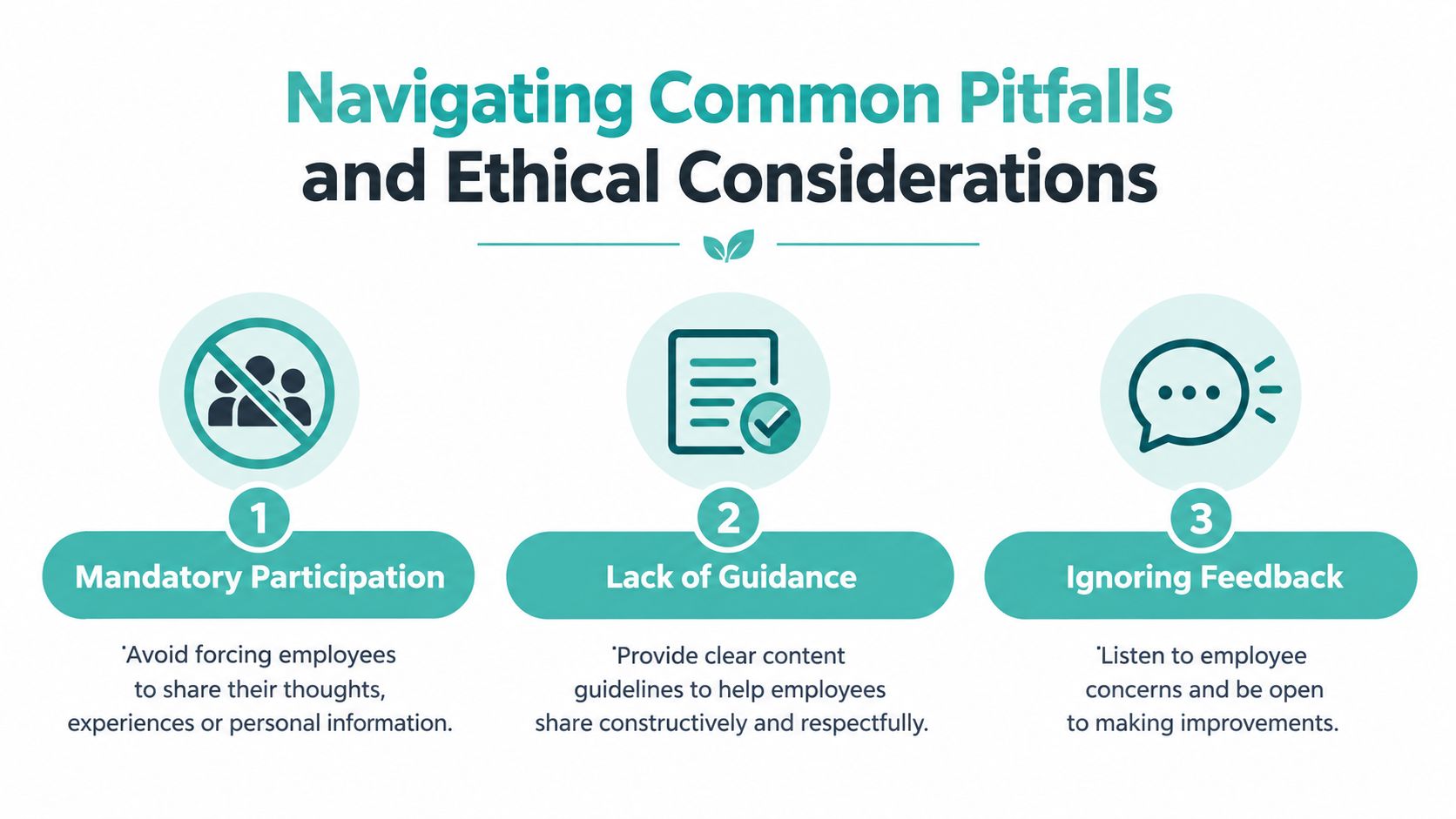 A graphic showing three common ethical pitfalls for employee advocacy programs including mandatory participation, lack of guidance, and ignoring feedback.