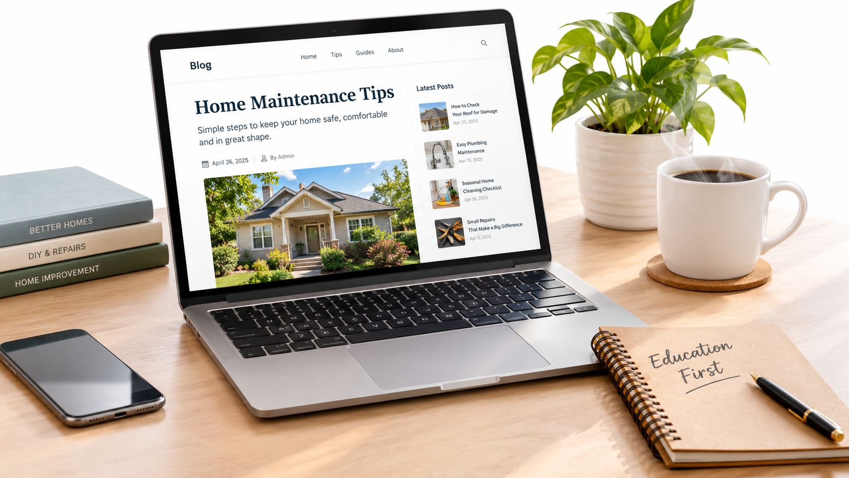 A modern laptop displaying a home maintenance blog on a desk with a plant, coffee, and notebook.