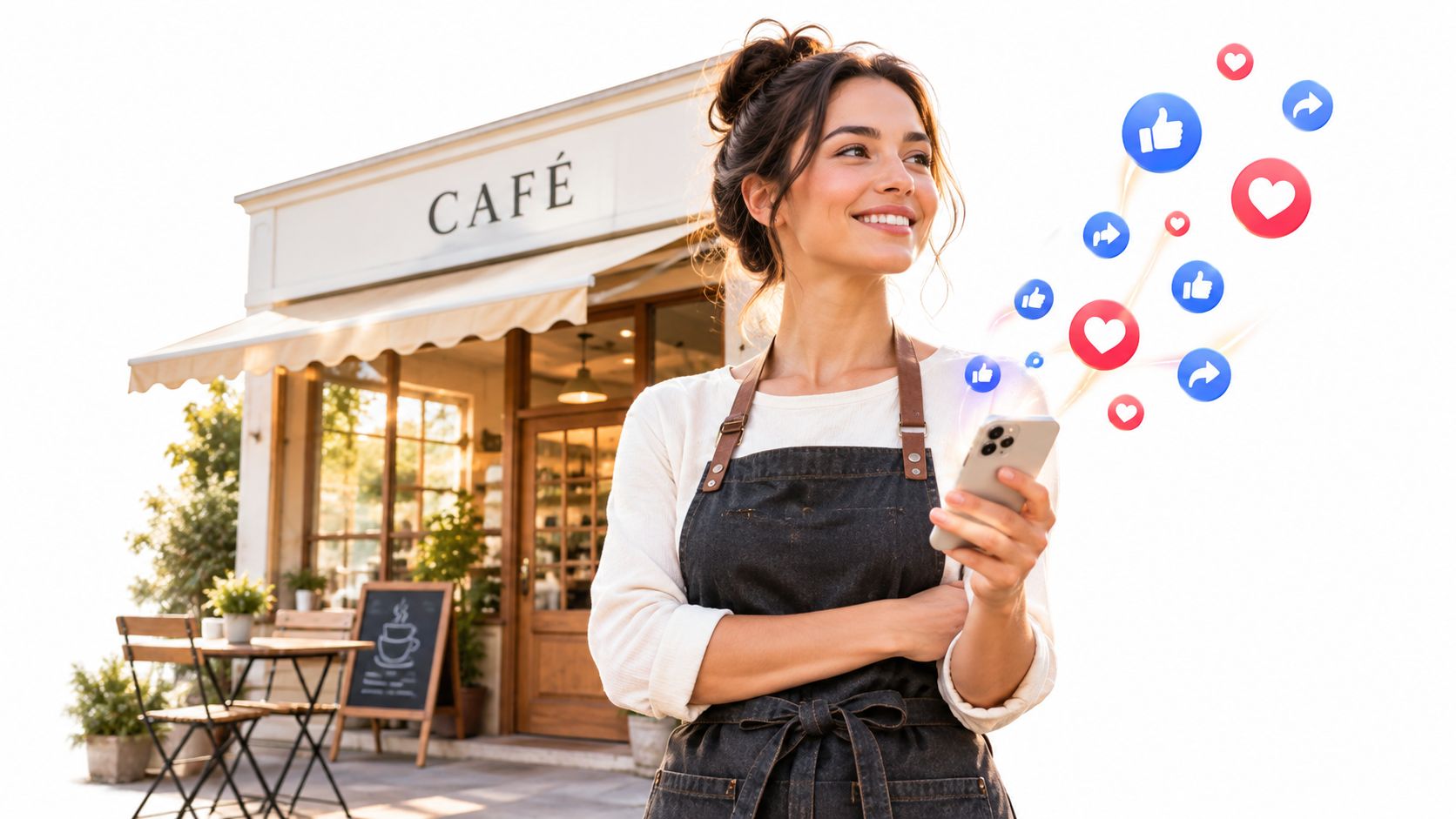 A smiling cafe employee standing in front of her shop while holding a smartphone with social media icons.