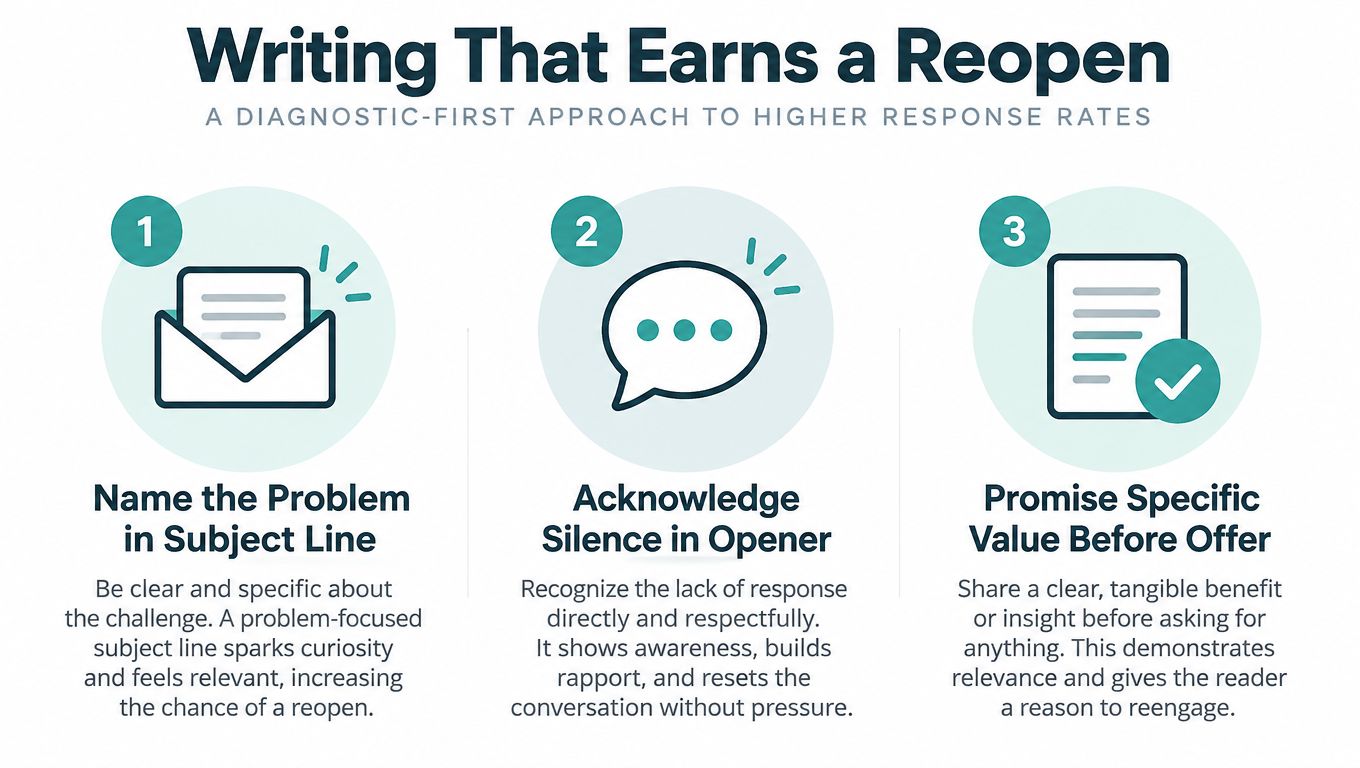 A three-step infographic on writing effective emails to earn a reopen and higher response rates.