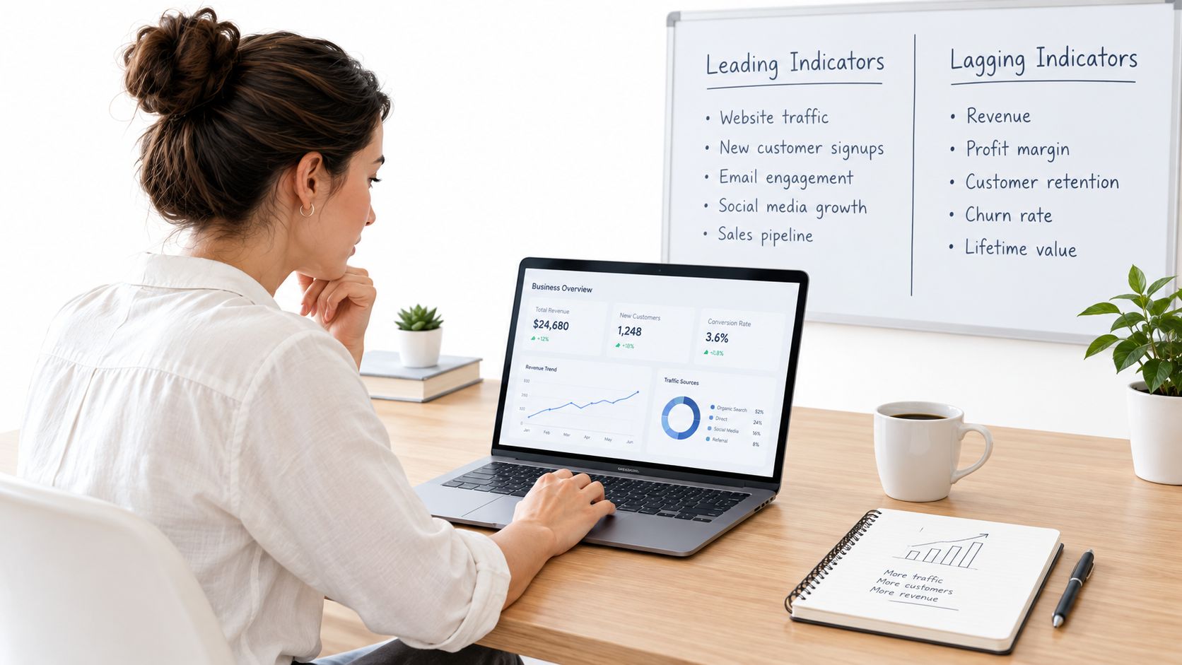 A professional woman working on a laptop with business growth indicators displayed on a nearby whiteboard.