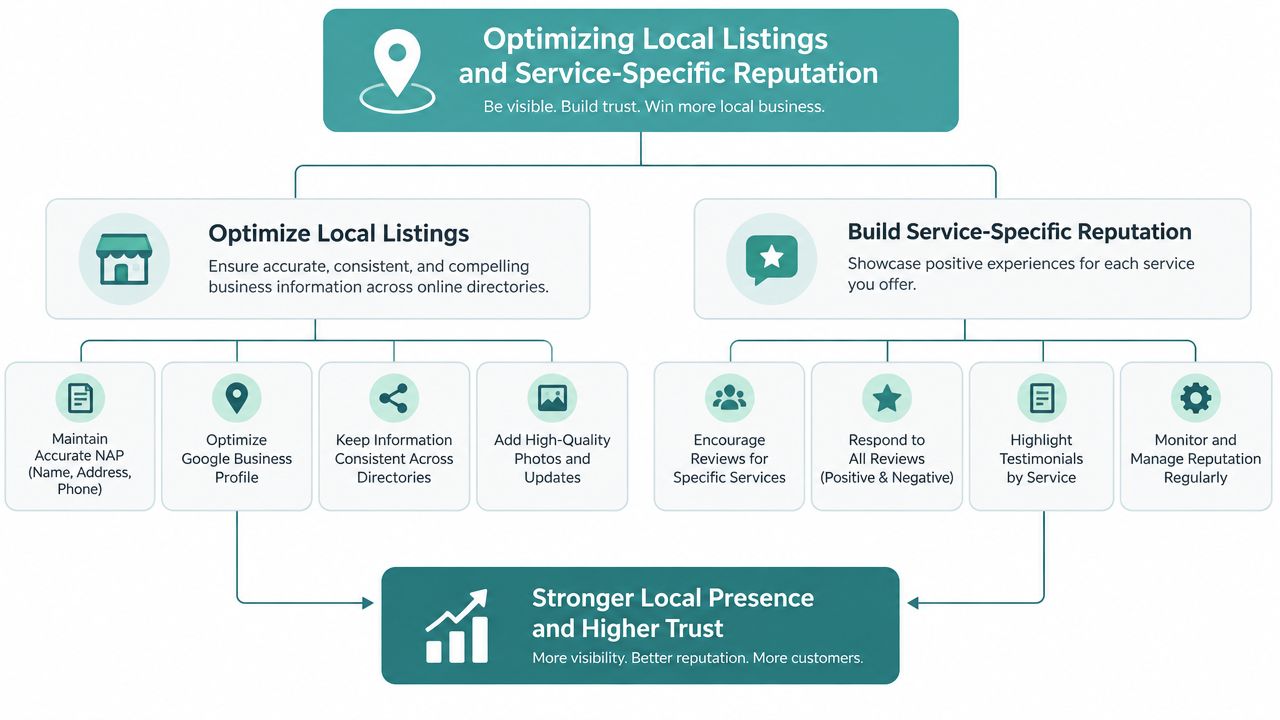 A flowchart showing the strategy for optimizing local business listings and building service-specific customer reputation.