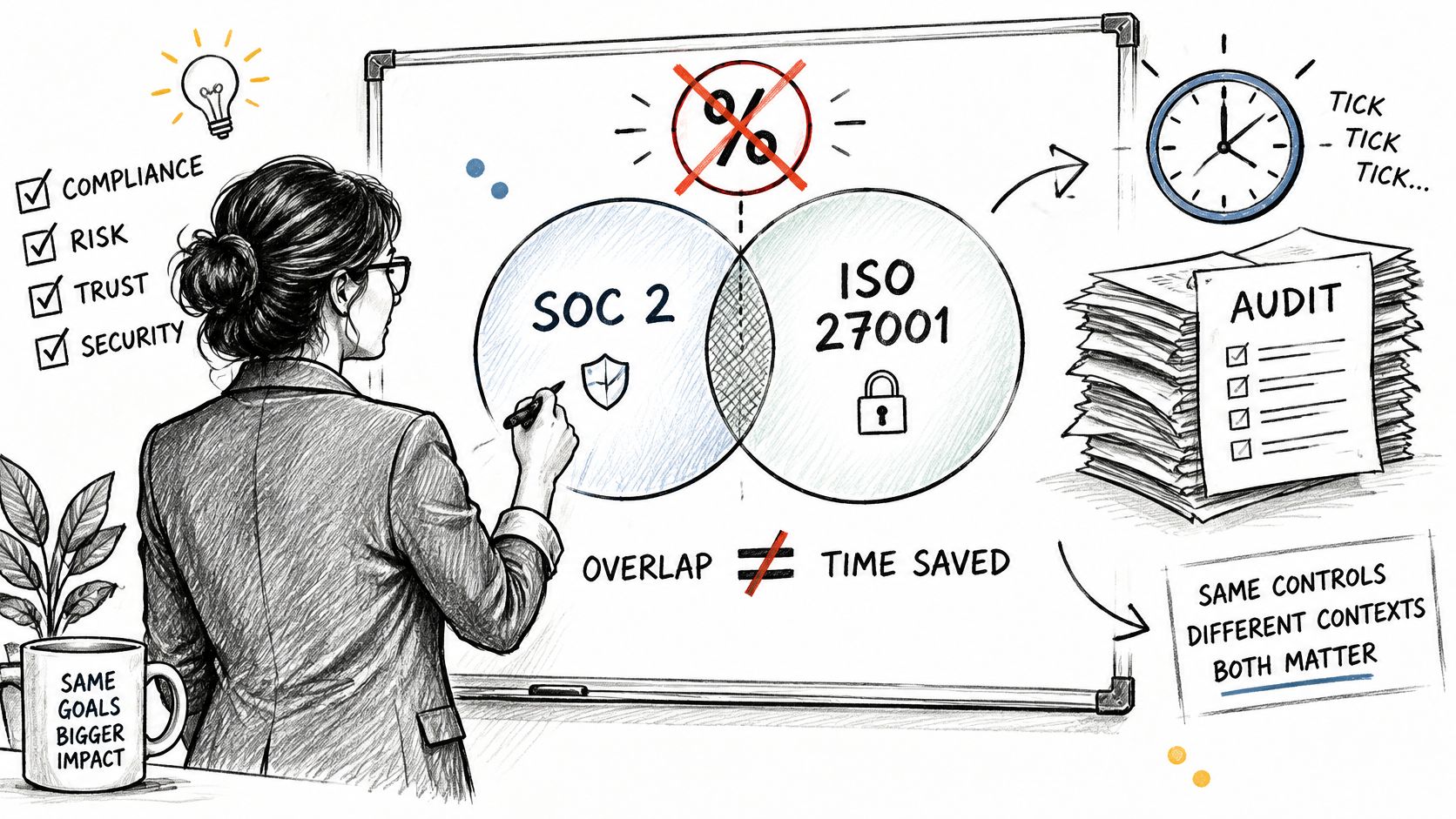 A professional woman draws a diagram on a whiteboard comparing SOC 2 and ISO 27001 compliance standards.