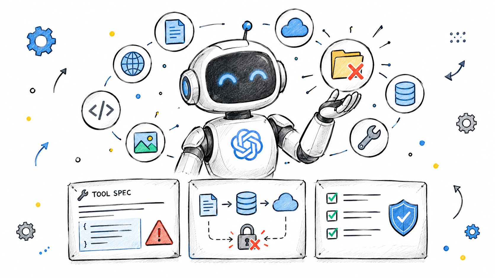 A hand-drawn illustration of an AI robot displaying data security icons, coding tools, and database schematics.