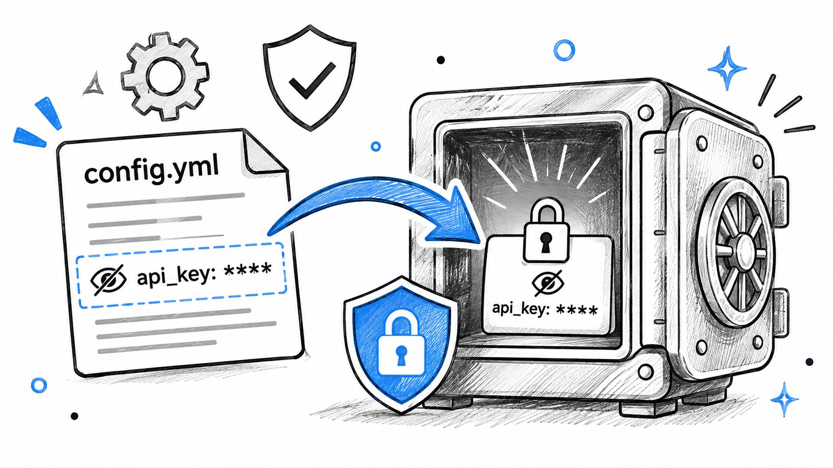 A conceptual drawing showing a config.yml file with an API key being securely moved into a vault.