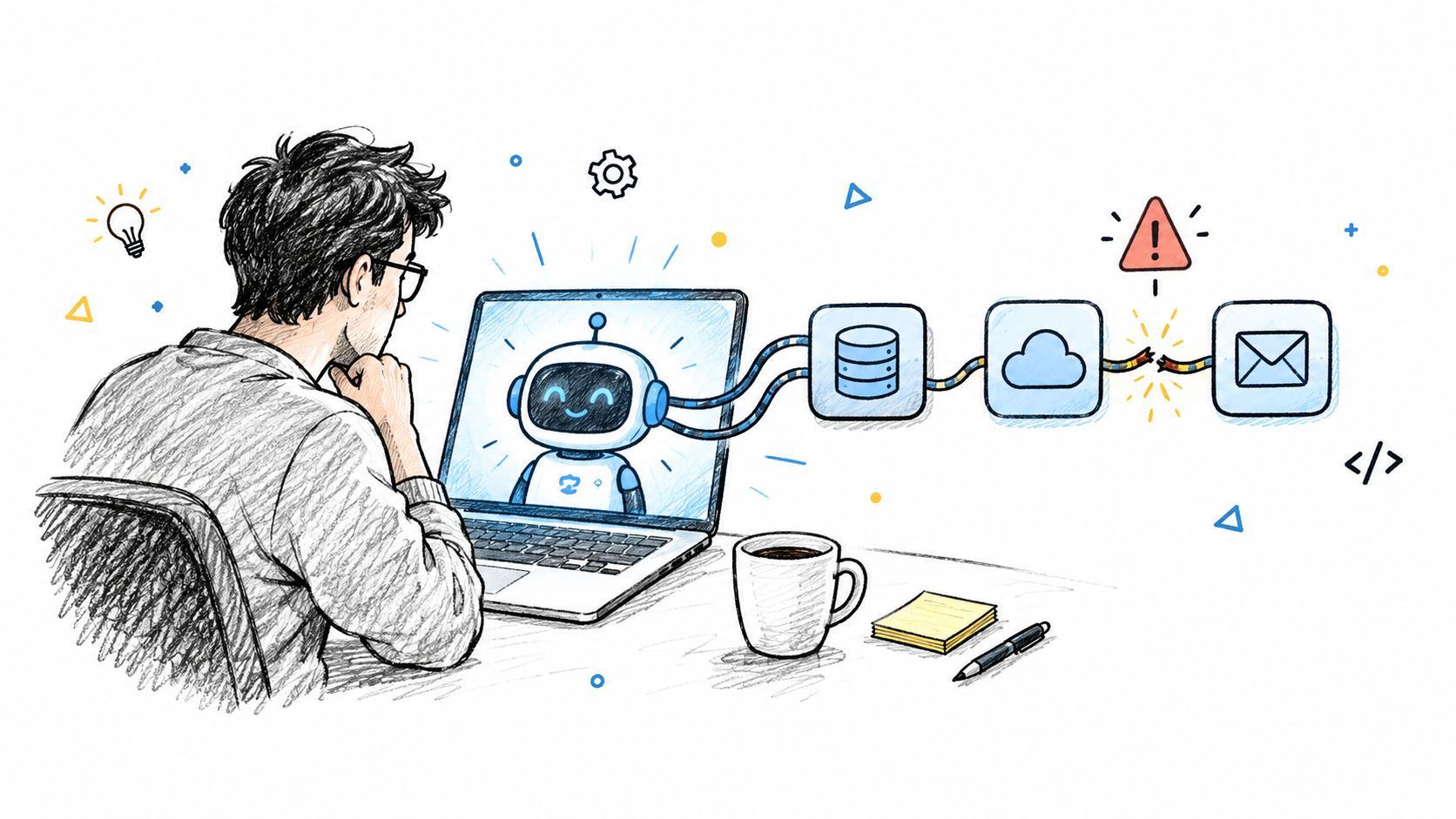A person looking at a screen with an AI robot and a broken digital connection diagram.