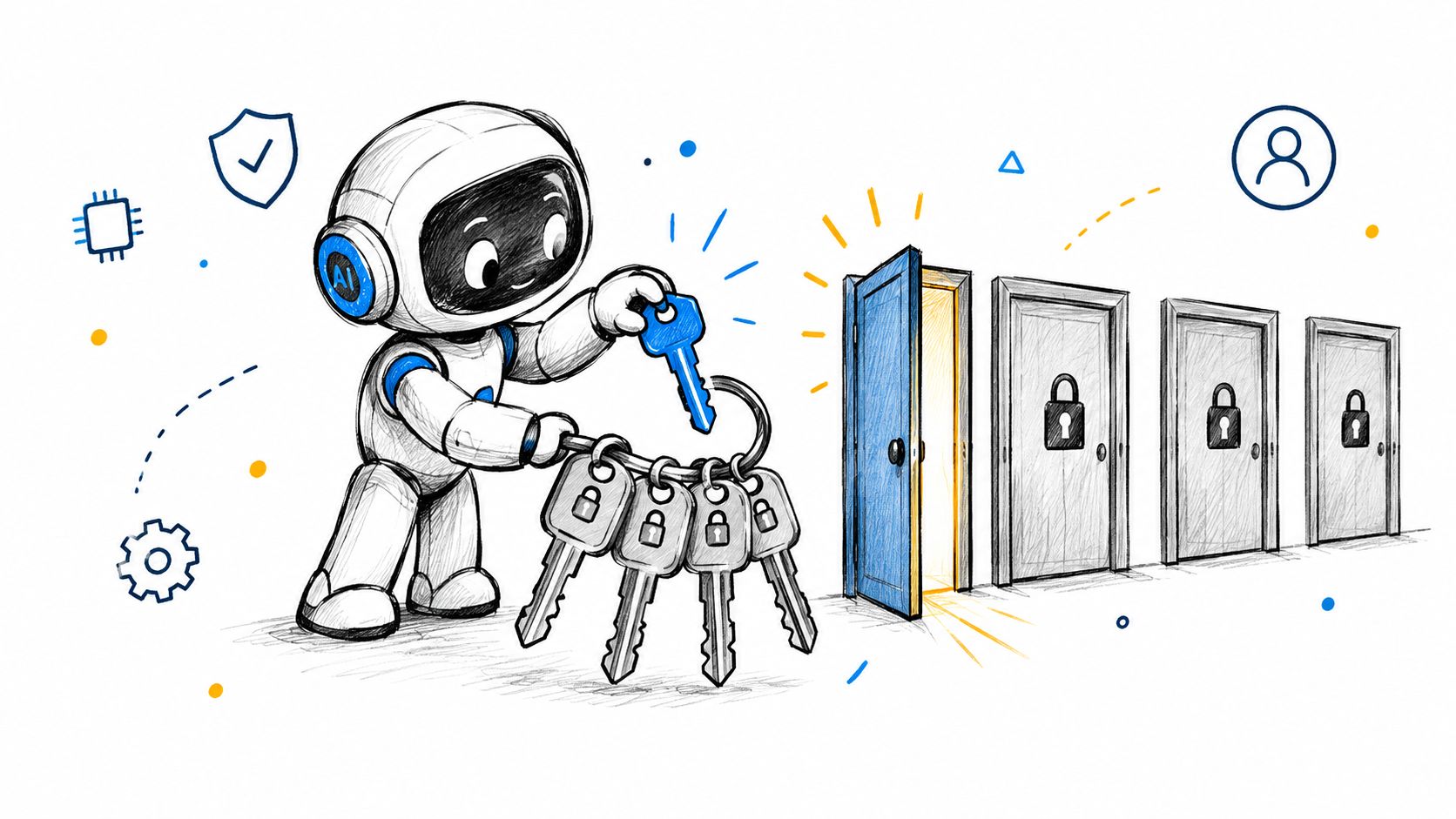 A robot holding a keyring with multiple keys to unlock a series of secure doors representing access.
