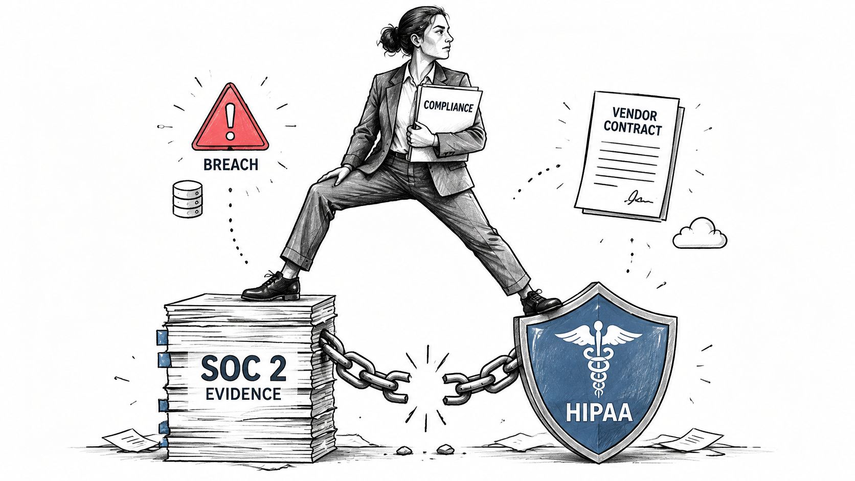 A professional woman standing between a stack of SOC 2 evidence and a HIPAA shield, showing compliance management.