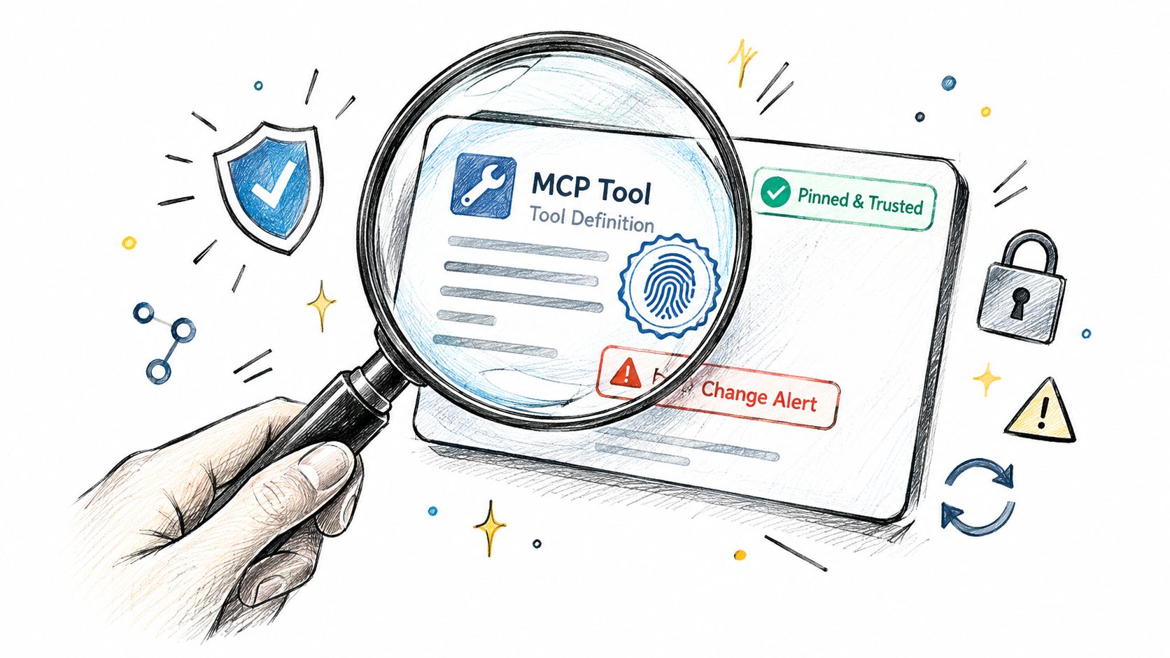 A hand holding a magnifying glass inspecting an MCP tool definition card with security indicators.