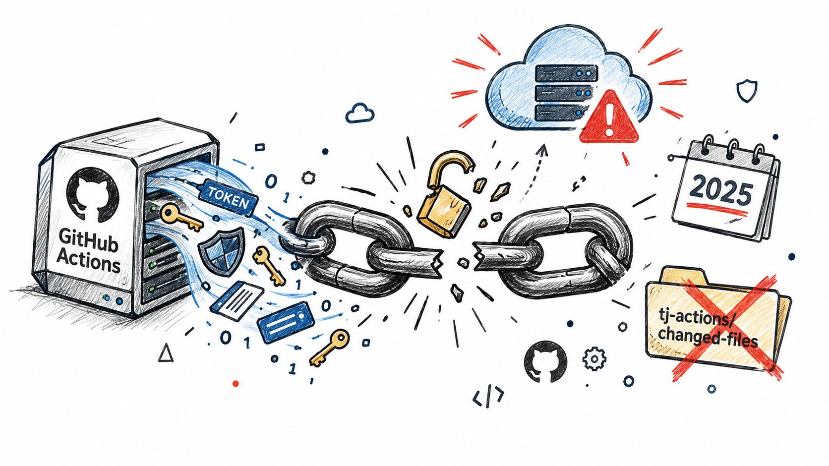 A hand-drawn illustration showing a broken security chain connected to GitHub Actions, representing a cybersecurity vulnerability.