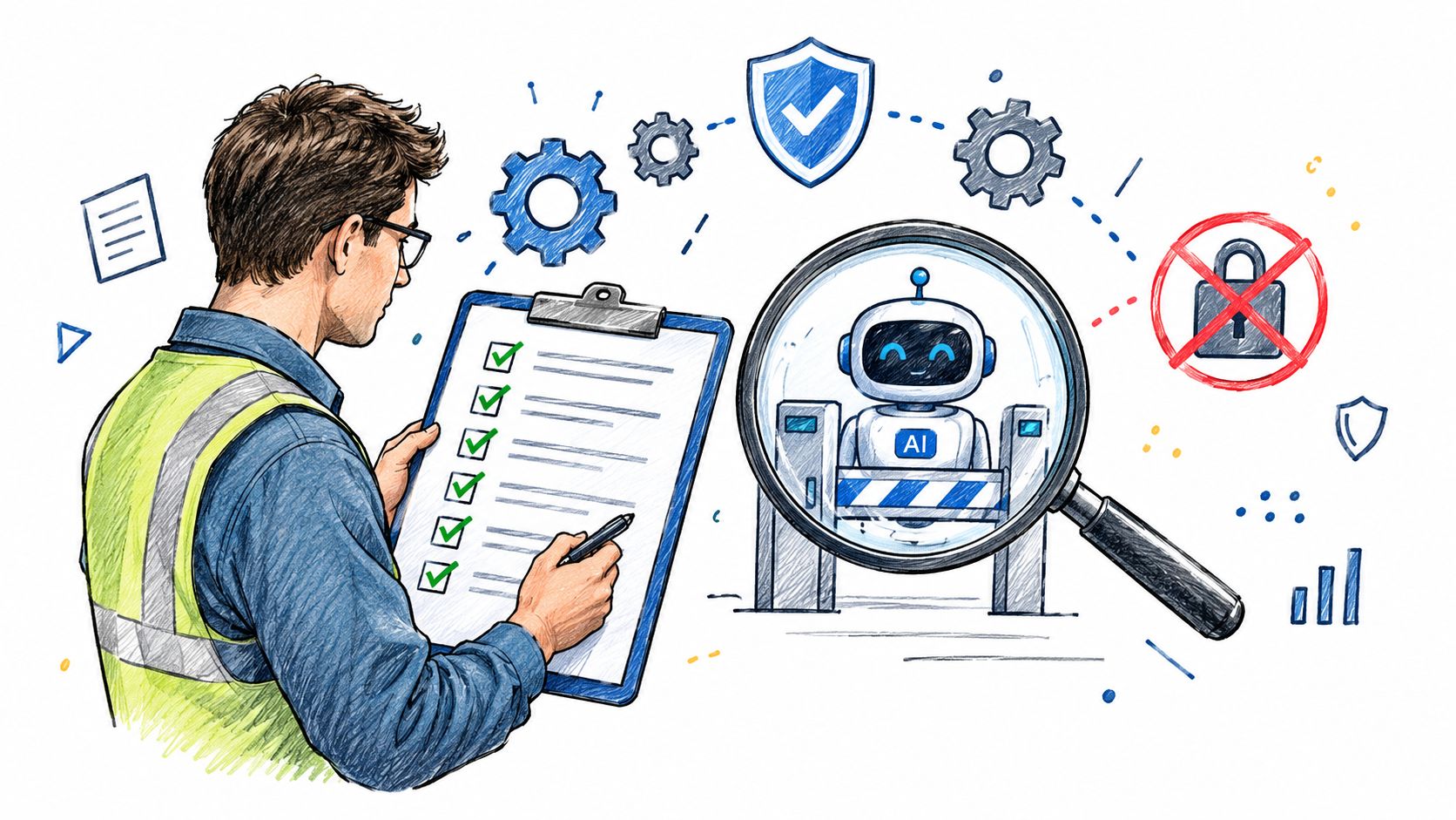 A professional inspector auditing an AI agent with a clipboard while magnifying glass focuses on security risks.