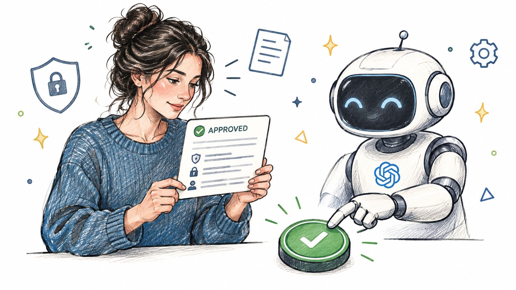 A woman and a friendly robot working together on an approved document with security icons nearby.