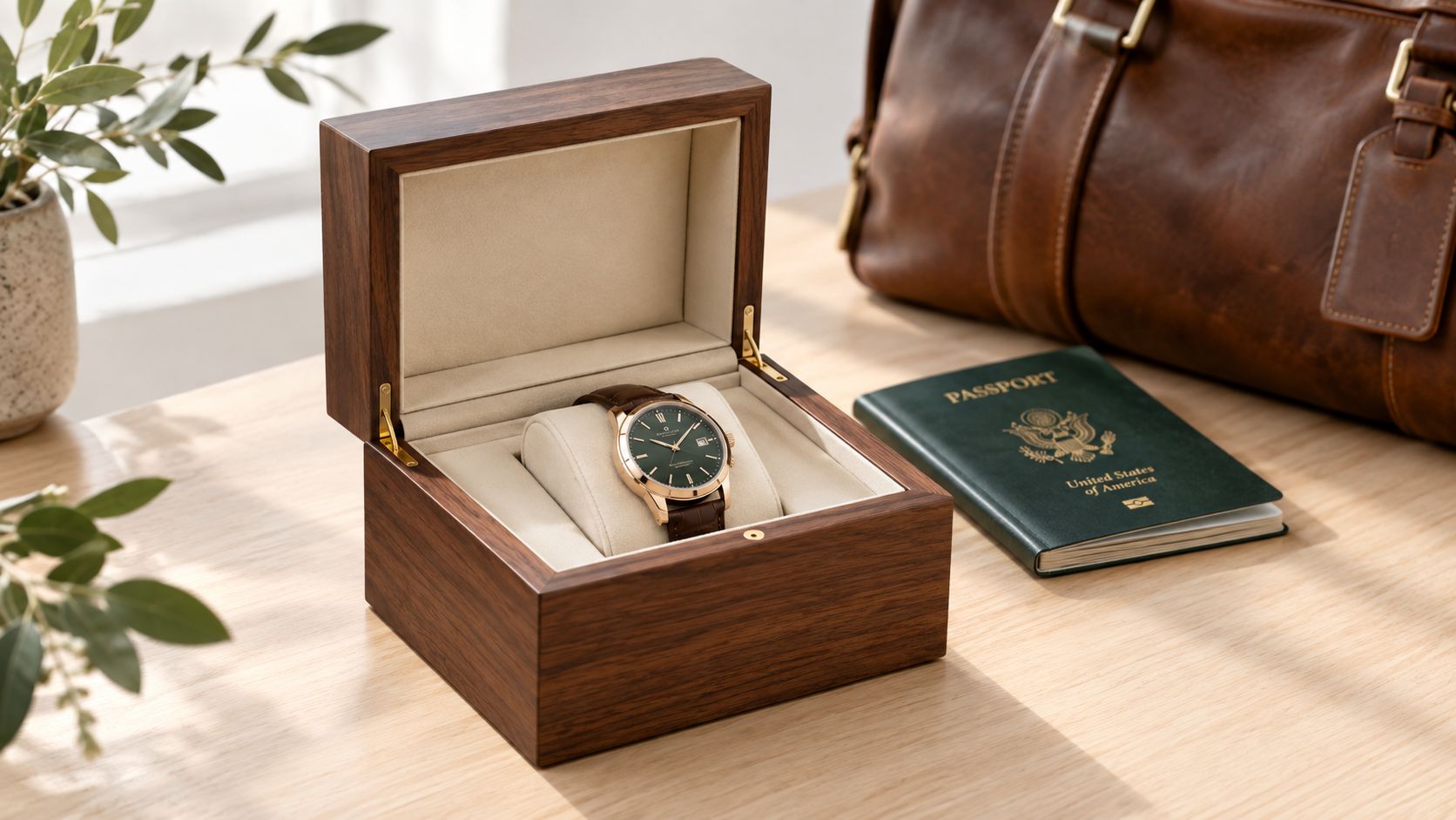 A sophisticated wooden watch box containing a green-faced men's watch, placed near a passport and travel bag.