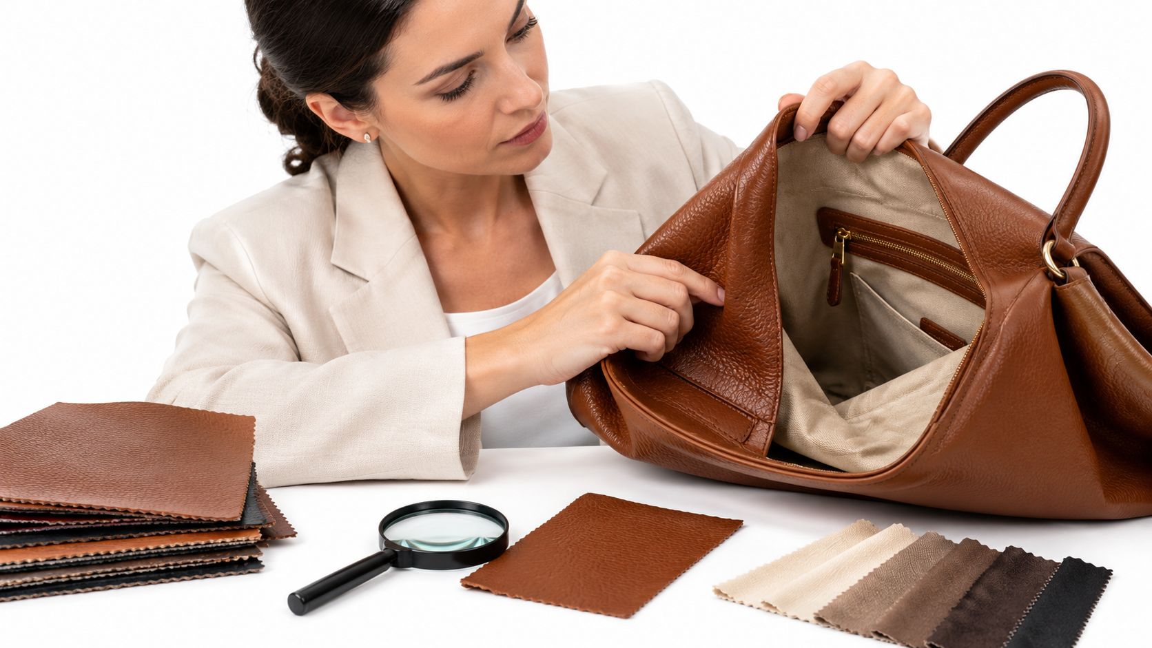 A professional leather goods specialist examines the interior lining and quality of a brown leather handbag.