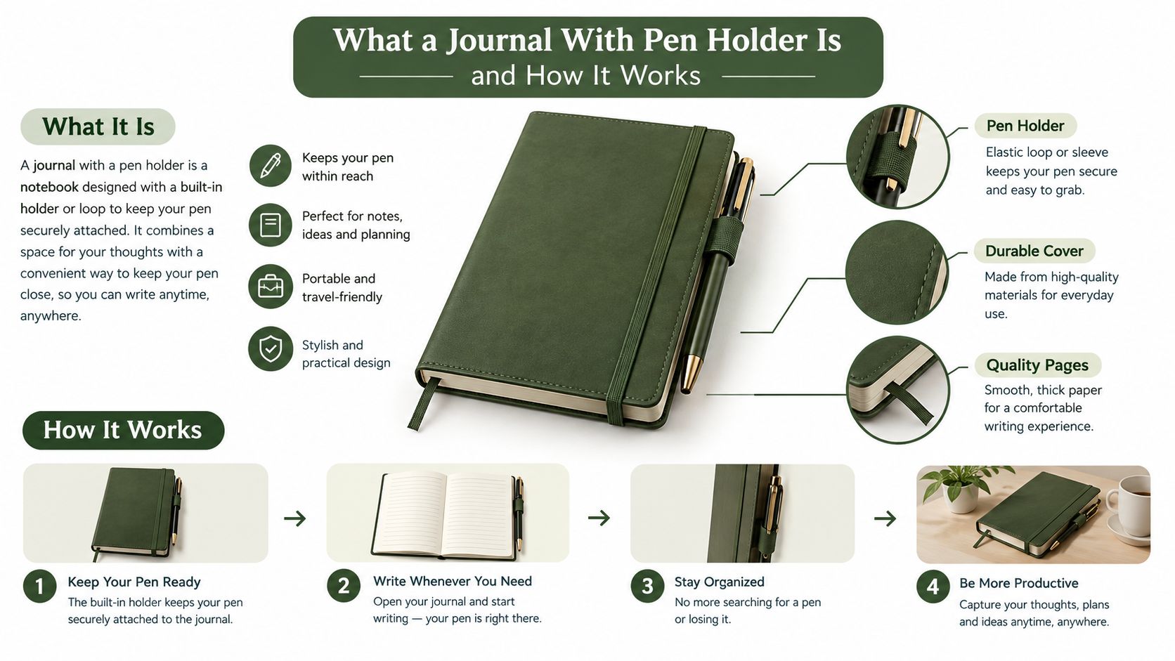 A green journal with a built-in pen holder, highlighting its features, benefits, and how it works.