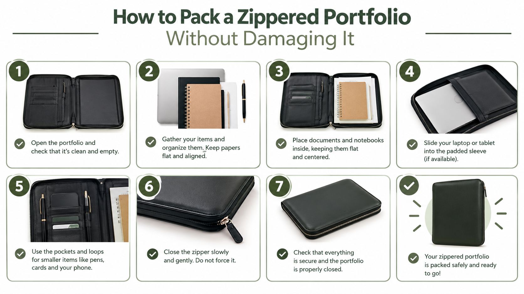 An infographic showing step-by-step instructions on how to properly pack a zippered leather portfolio.