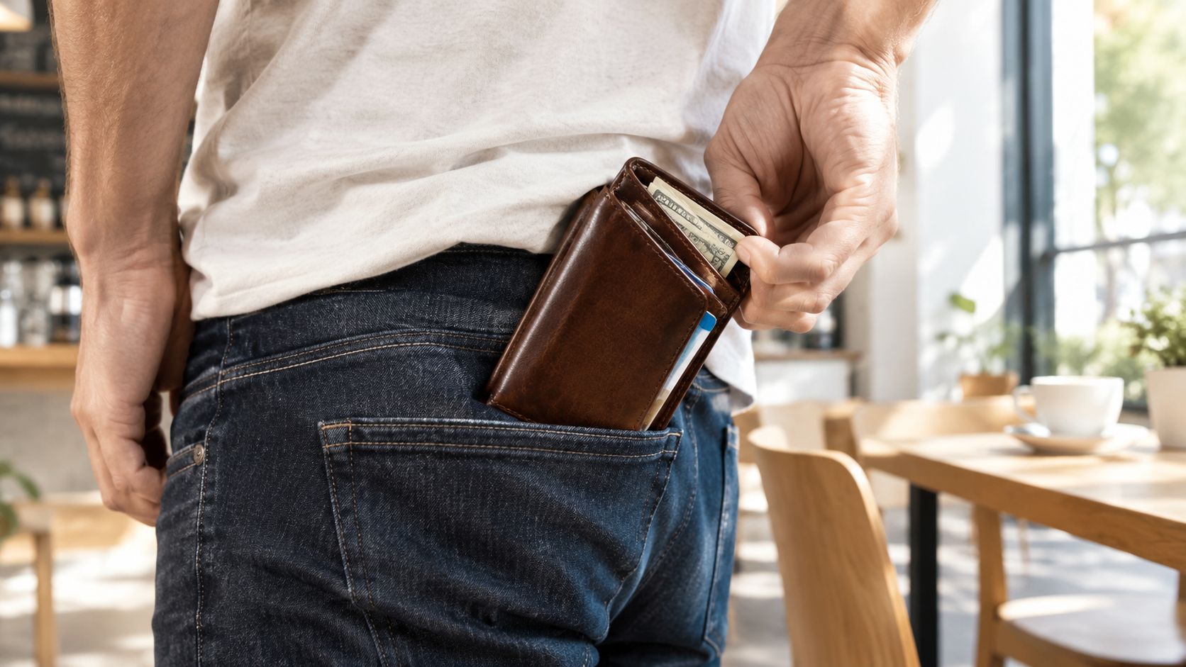 A person in blue jeans pulling a brown leather wallet from their back pocket inside a cafe