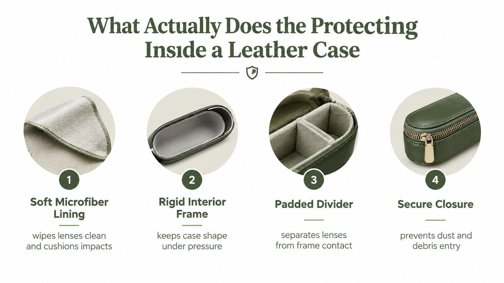 A diagram illustrating the four protective features of a leather sunglass case including microfiber lining, rigid frame, dividers, and zippers.