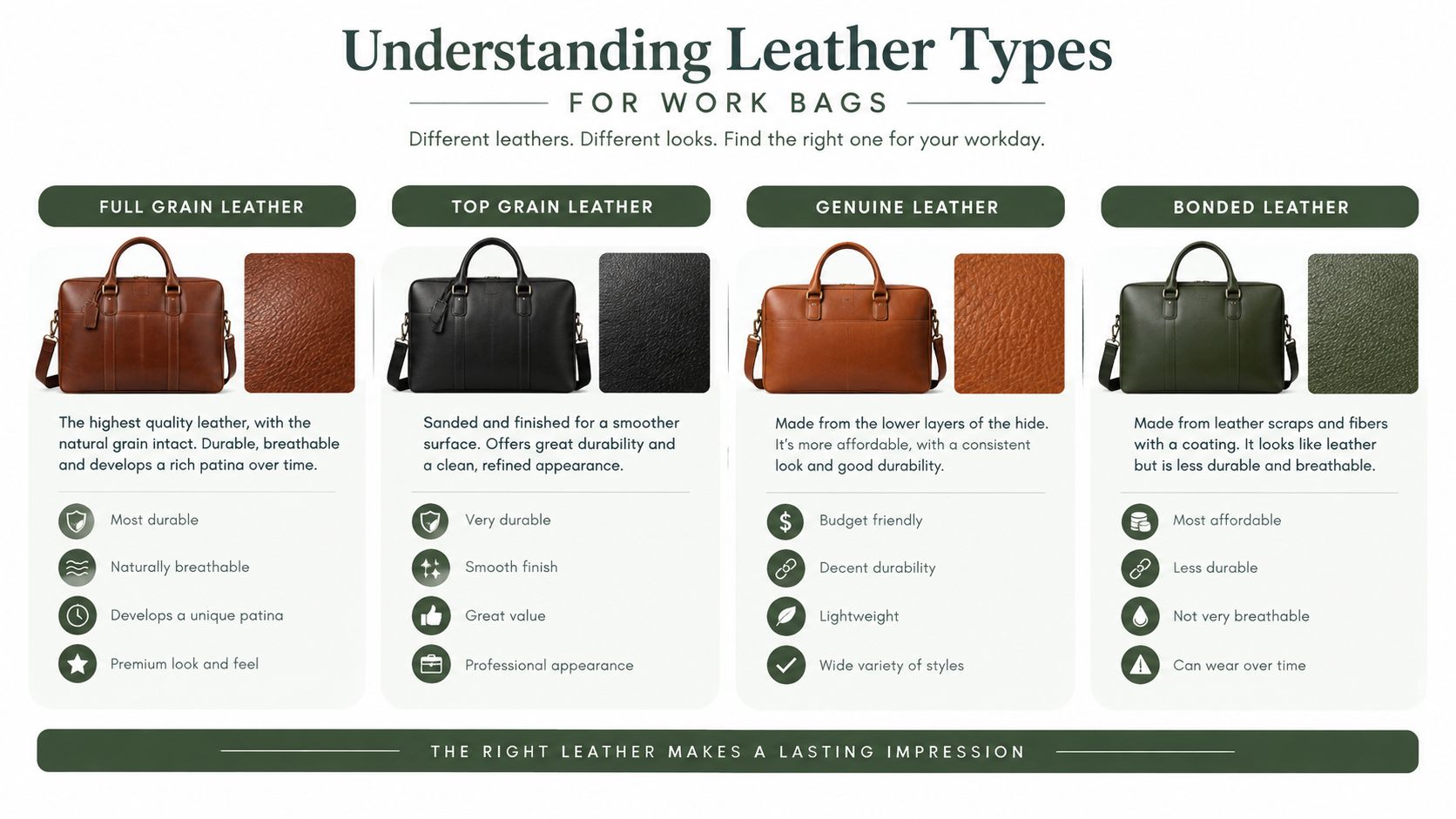An infographic comparing four common types of leather used for work bags: full grain, top grain, genuine, and bonded.