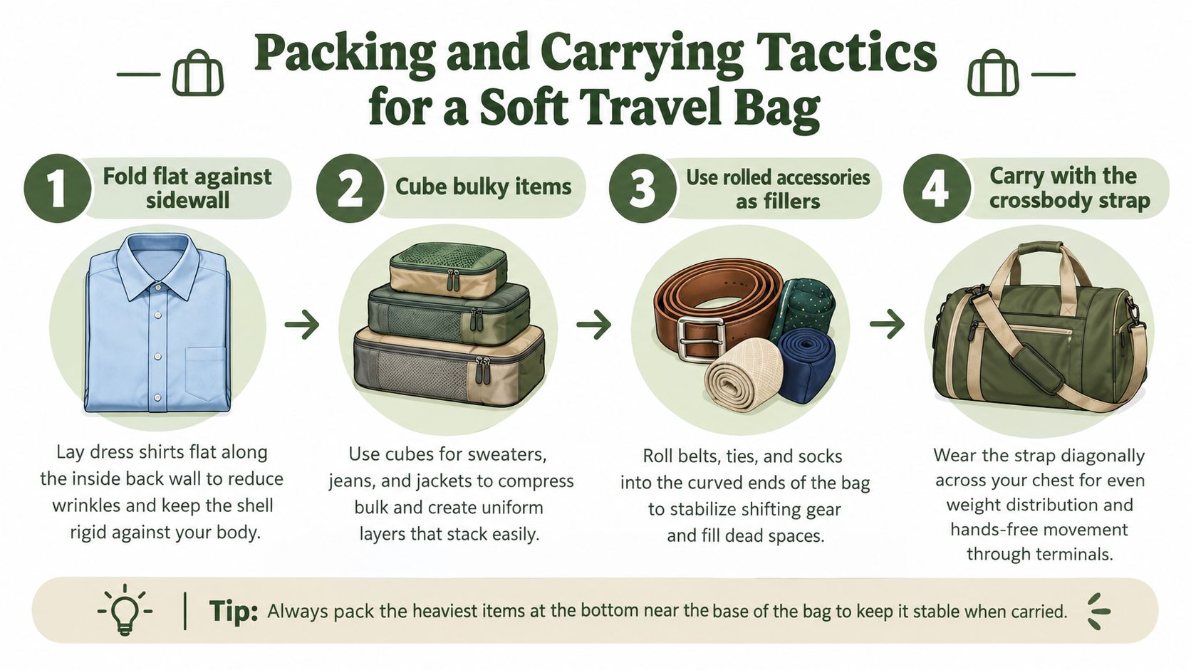 A four-step infographic illustrating effective packing and carrying techniques for a soft travel duffel bag.