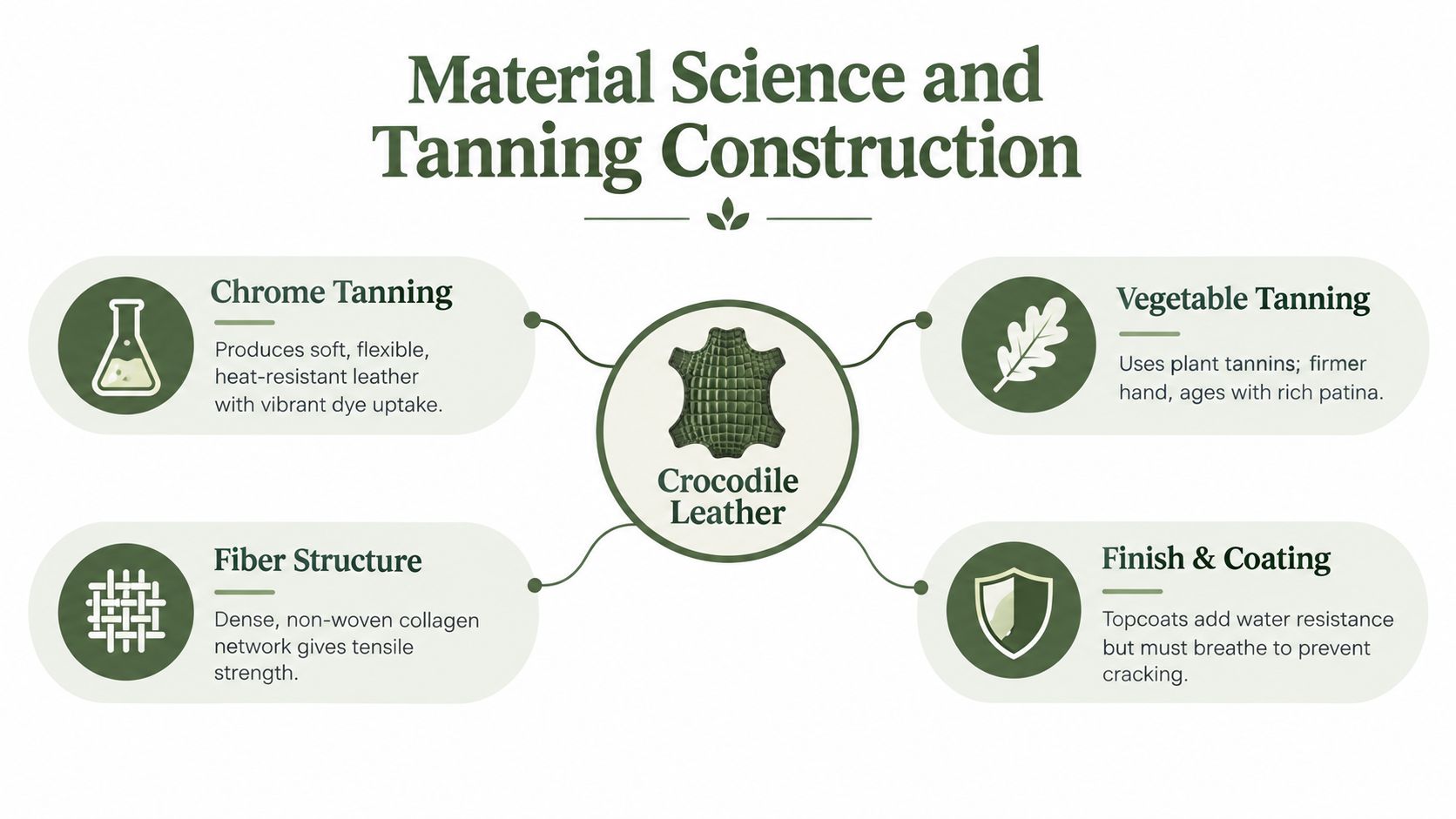 An infographic detailing material science and tanning construction processes for crocodile leather, covering chrome and vegetable tanning methods.