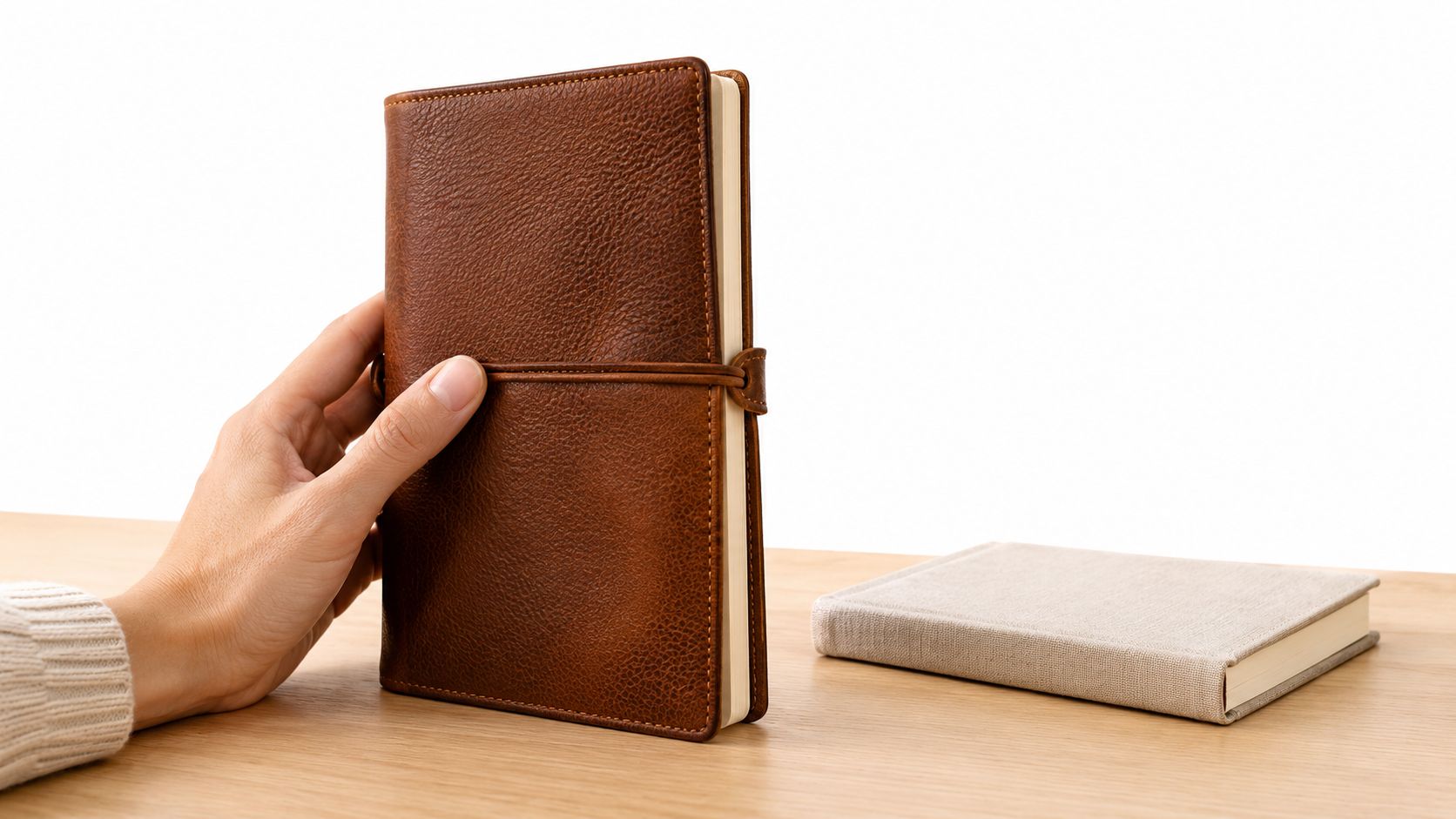 A hand holds a tall brown leather refillable journal cover upright on a light wooden desk surface.
