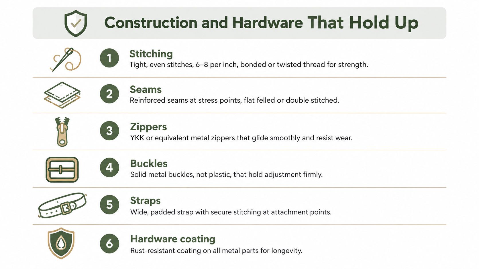 A list graphic illustrating the high-quality construction and durable hardware features of a leather sling bag.