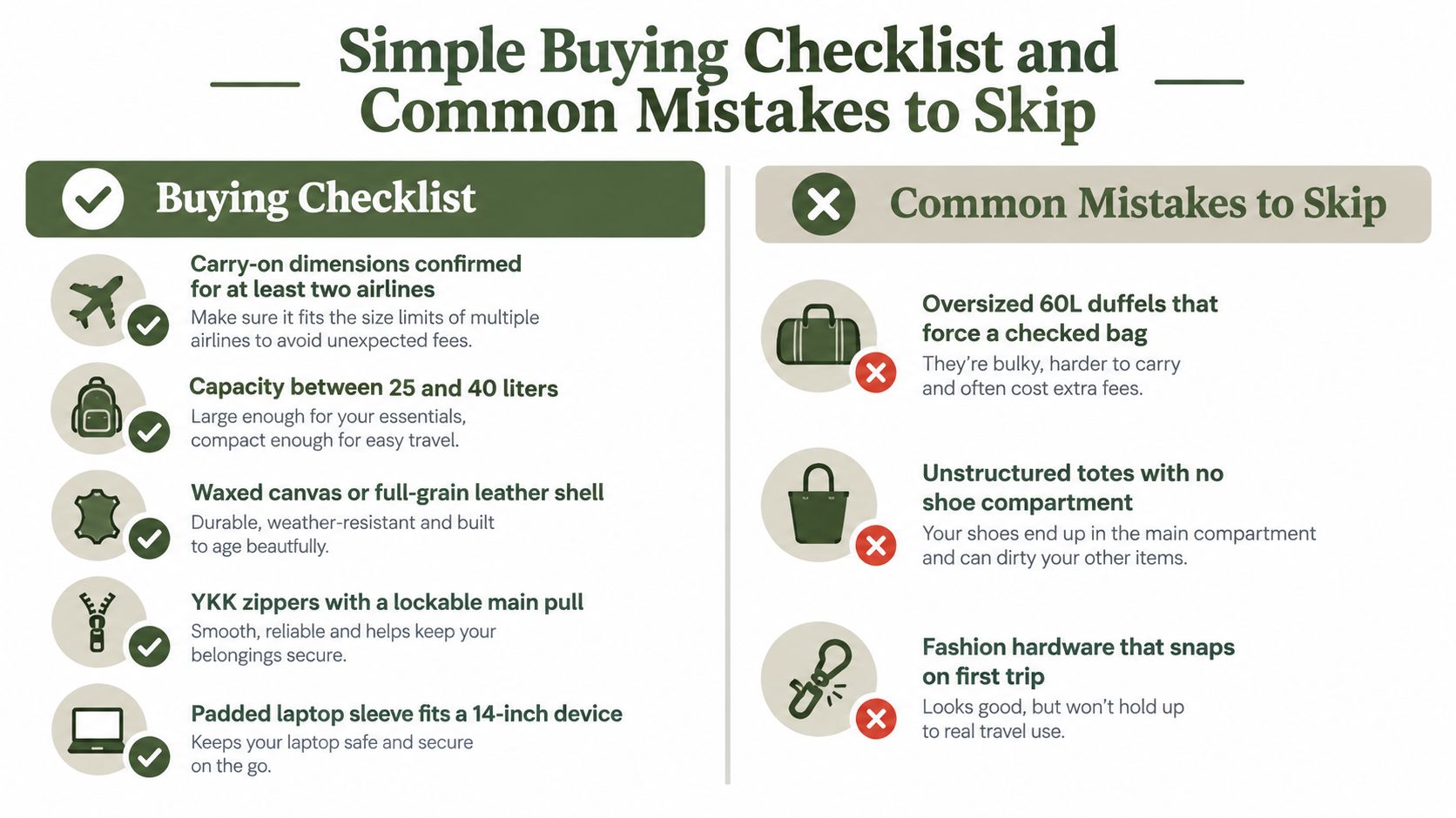 A travel infographic titled Simple Buying Checklist and Common Mistakes to Skip for choosing travel bags.