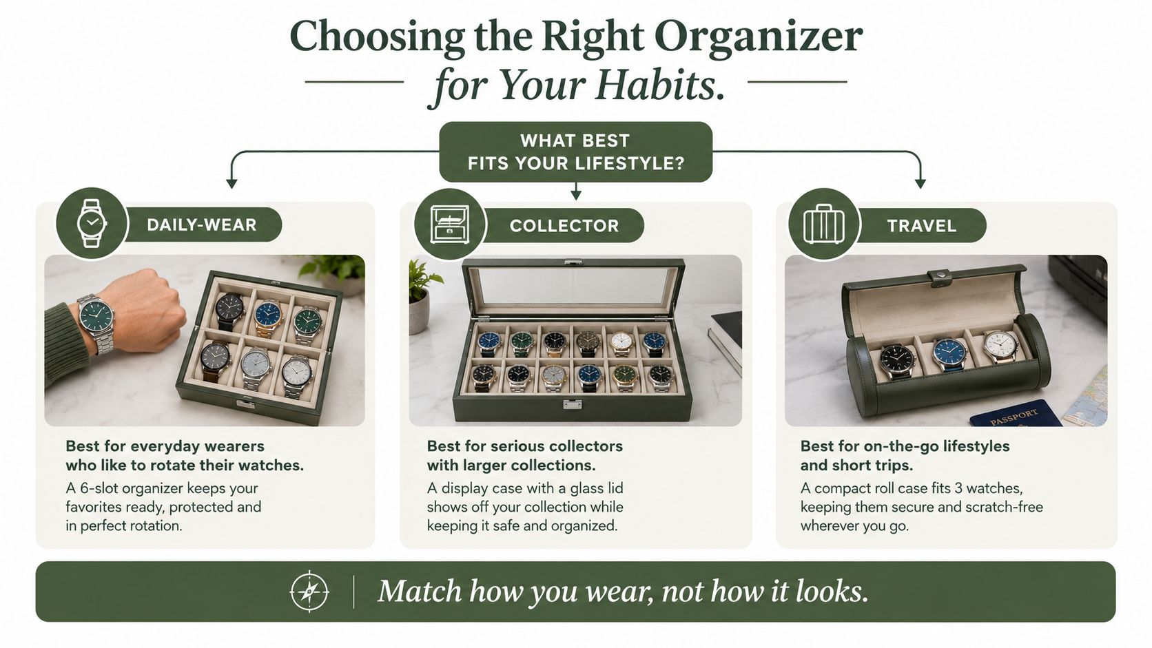 A guide showing three types of watch organizers for daily wear, collections, and travel, organized by lifestyle.
